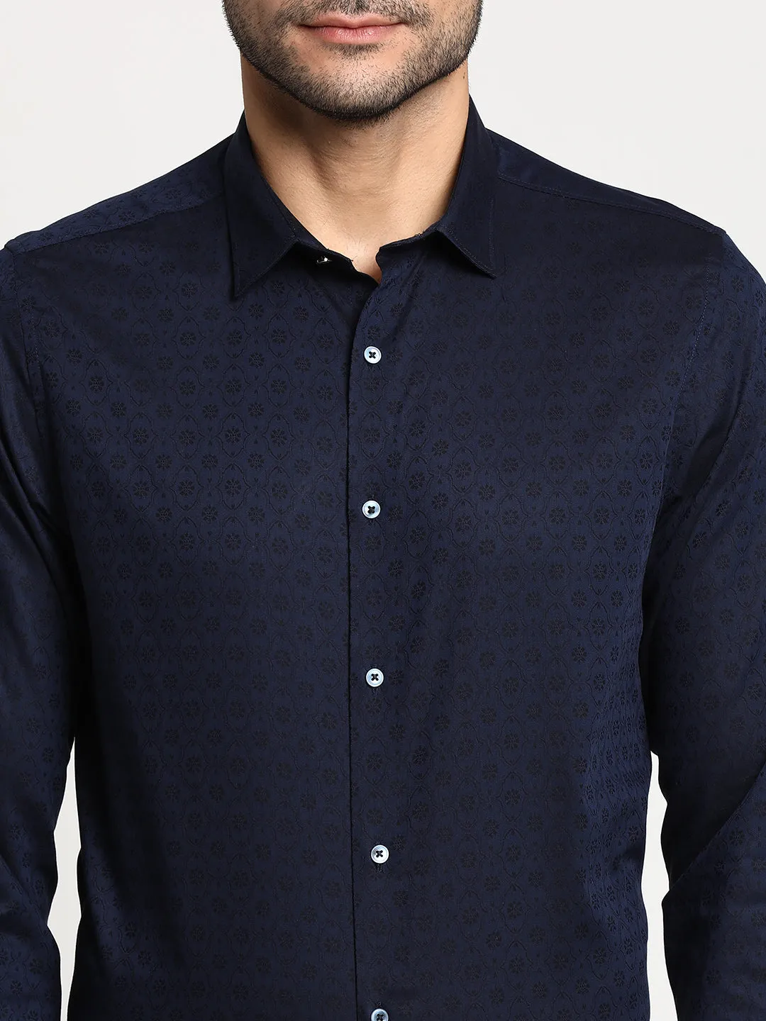 Cotton Navy Blue Slim Fit Self Design Formal Shirt