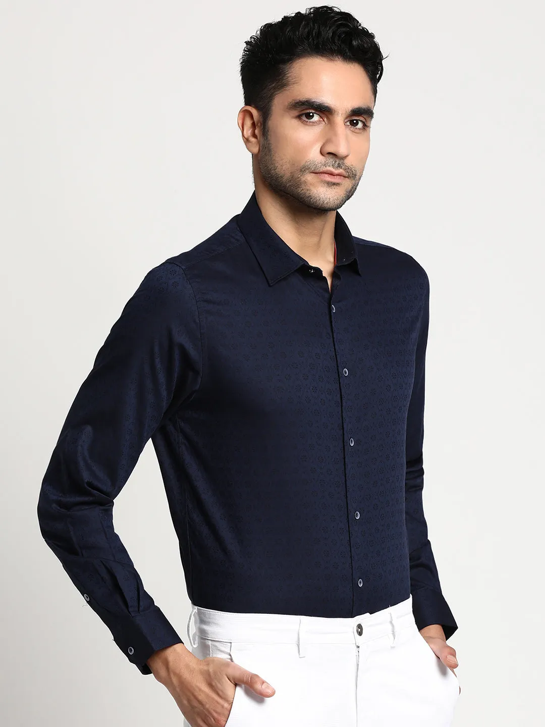 Cotton Navy Blue Slim Fit Self Design Formal Shirt