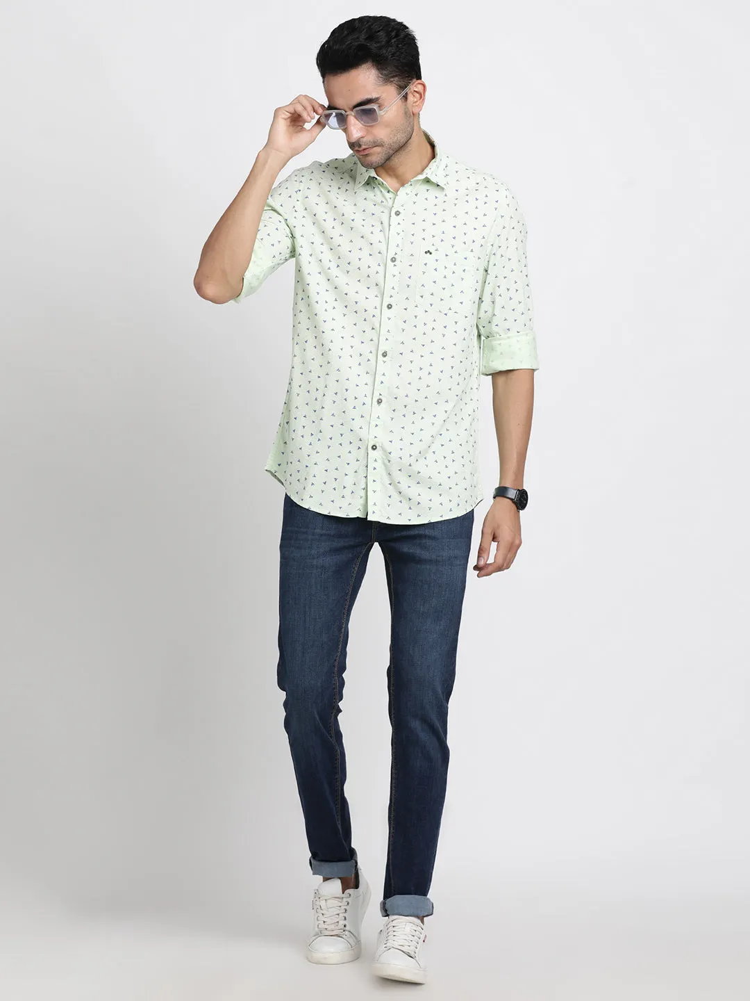 Cotton Tencel Light Green Printed Slim Fit Full Sleeve Casual Shirt