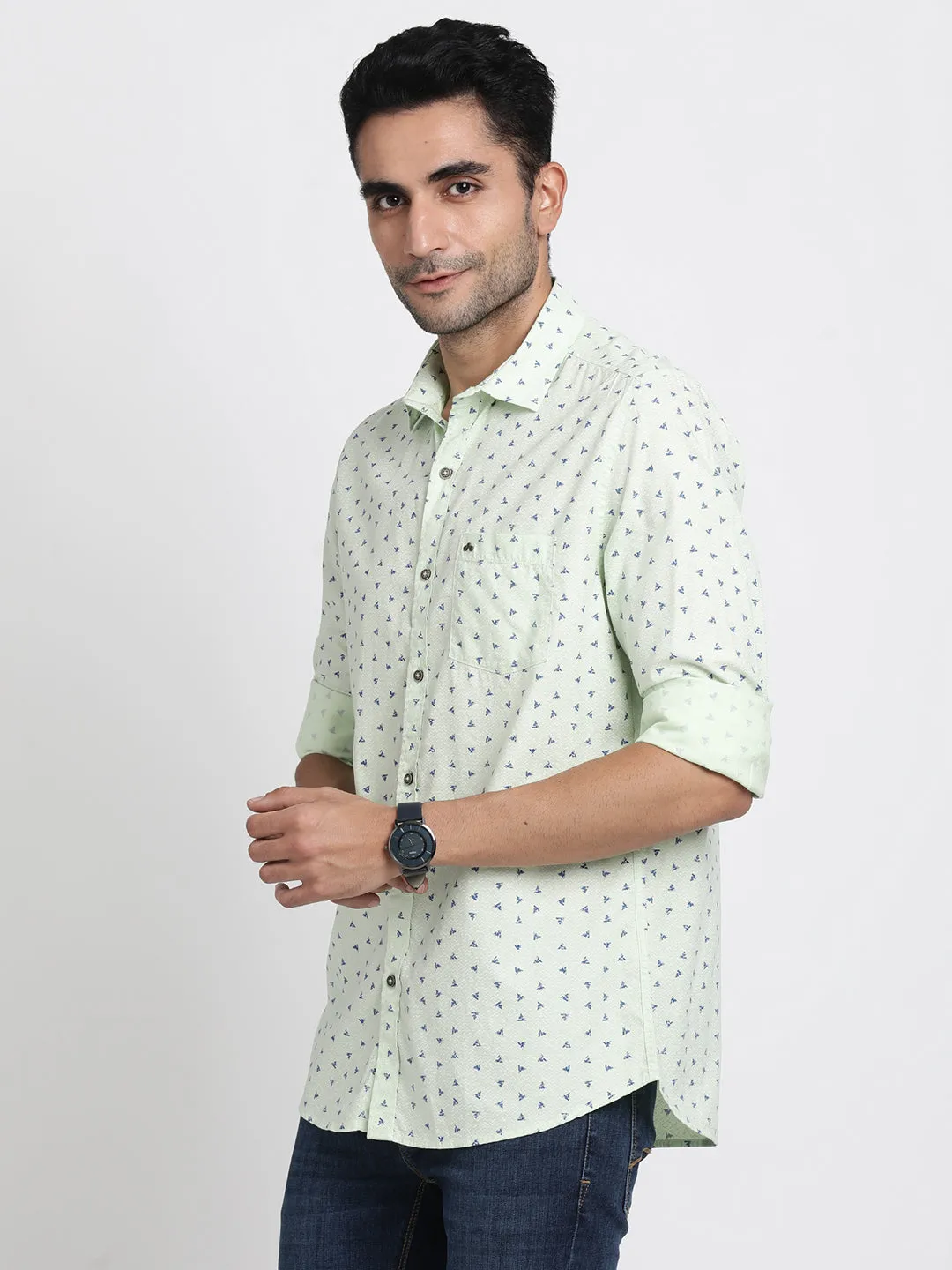 Cotton Tencel Light Green Printed Slim Fit Full Sleeve Casual Shirt