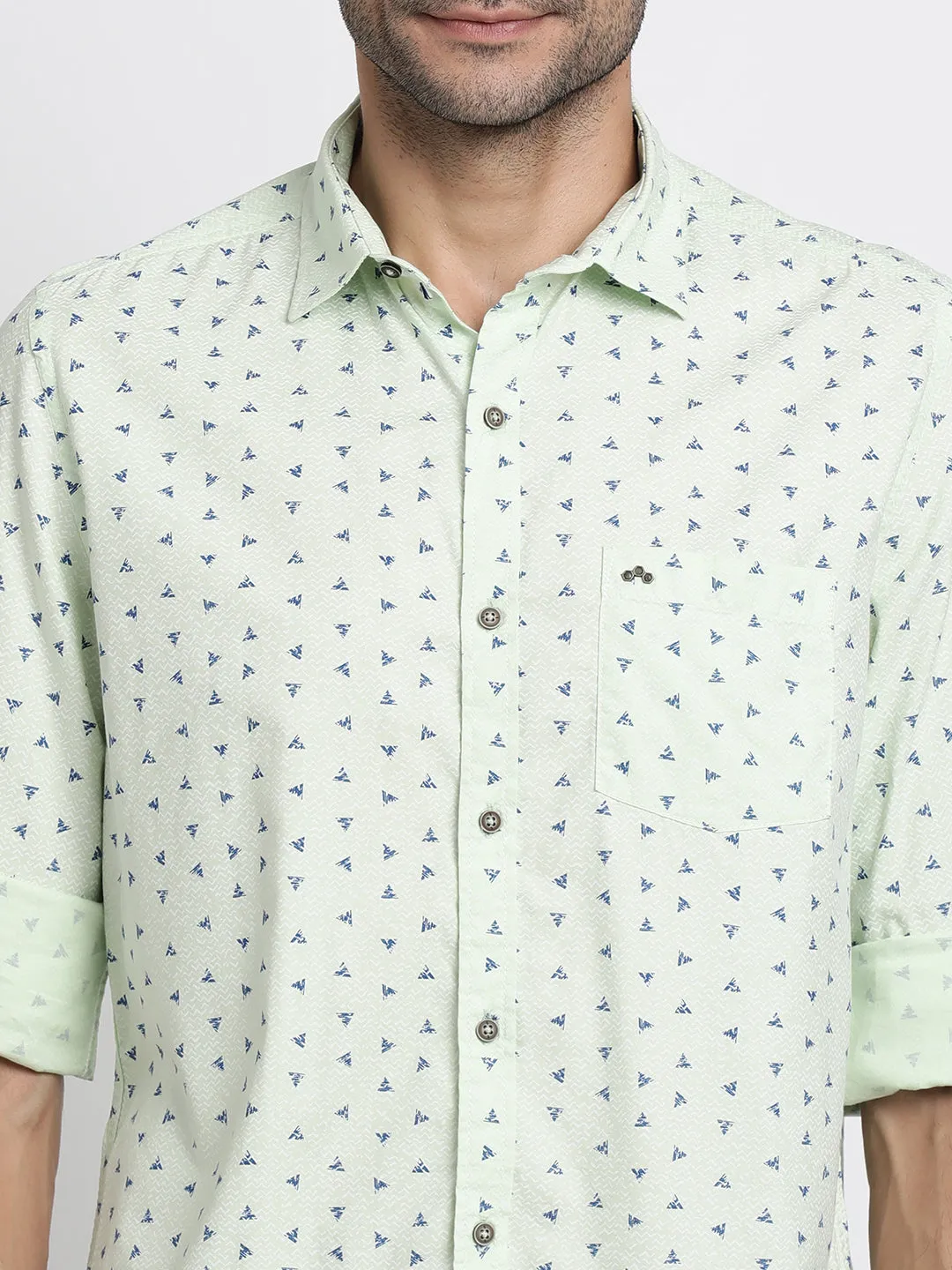 Cotton Tencel Light Green Printed Slim Fit Full Sleeve Casual Shirt