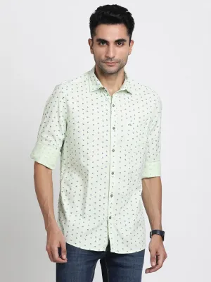 Cotton Tencel Light Green Printed Slim Fit Full Sleeve Casual Shirt