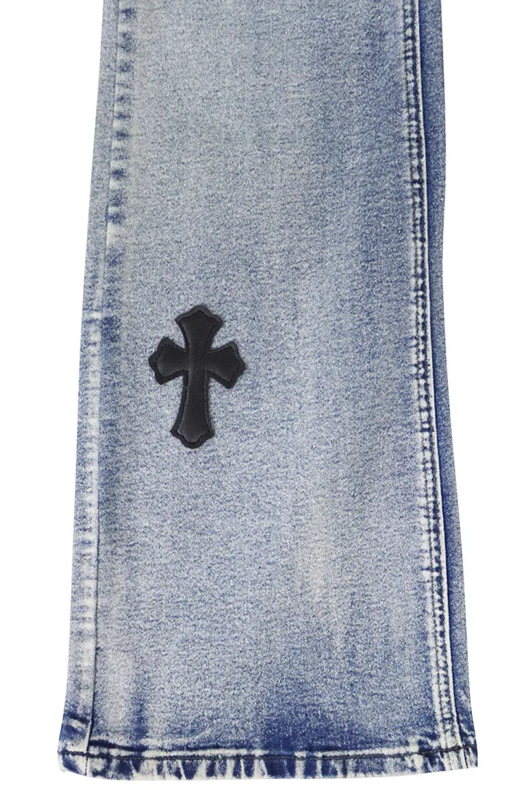 Crossed Patched Super Stacked Denim (Blue Wash)