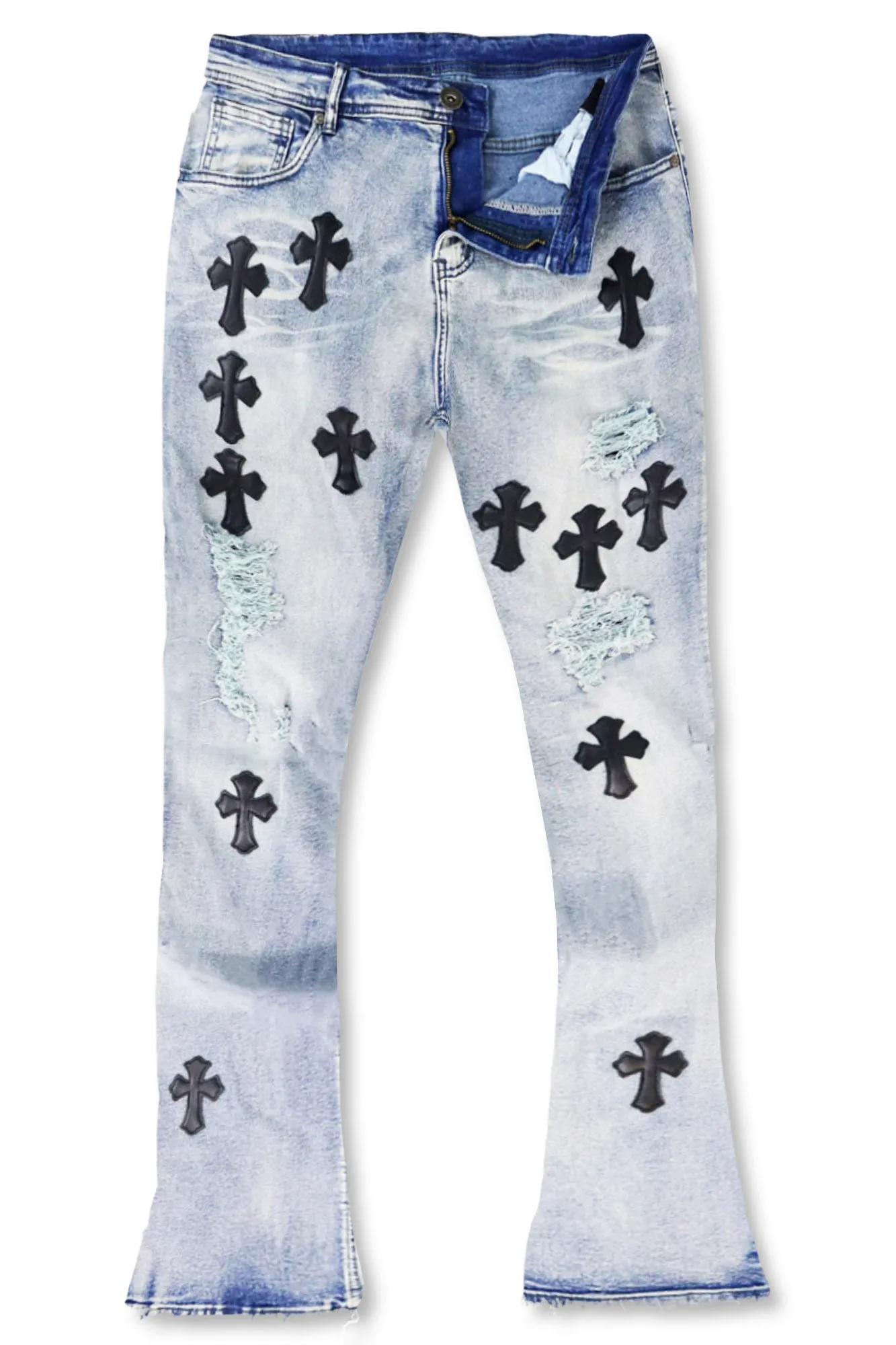 Crossed Patched Super Stacked Denim (Blue Wash)