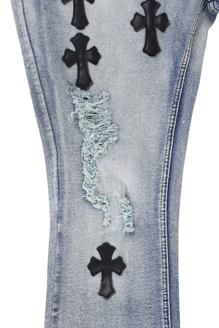 Crossed Patched Super Stacked Denim (Blue Wash)