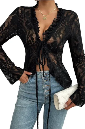 Daisy - Black Long Sleeve Front Tie Lace Top