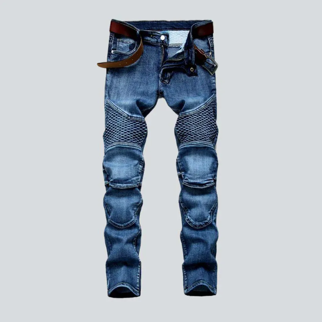 Embroidered blue moto men's jeans