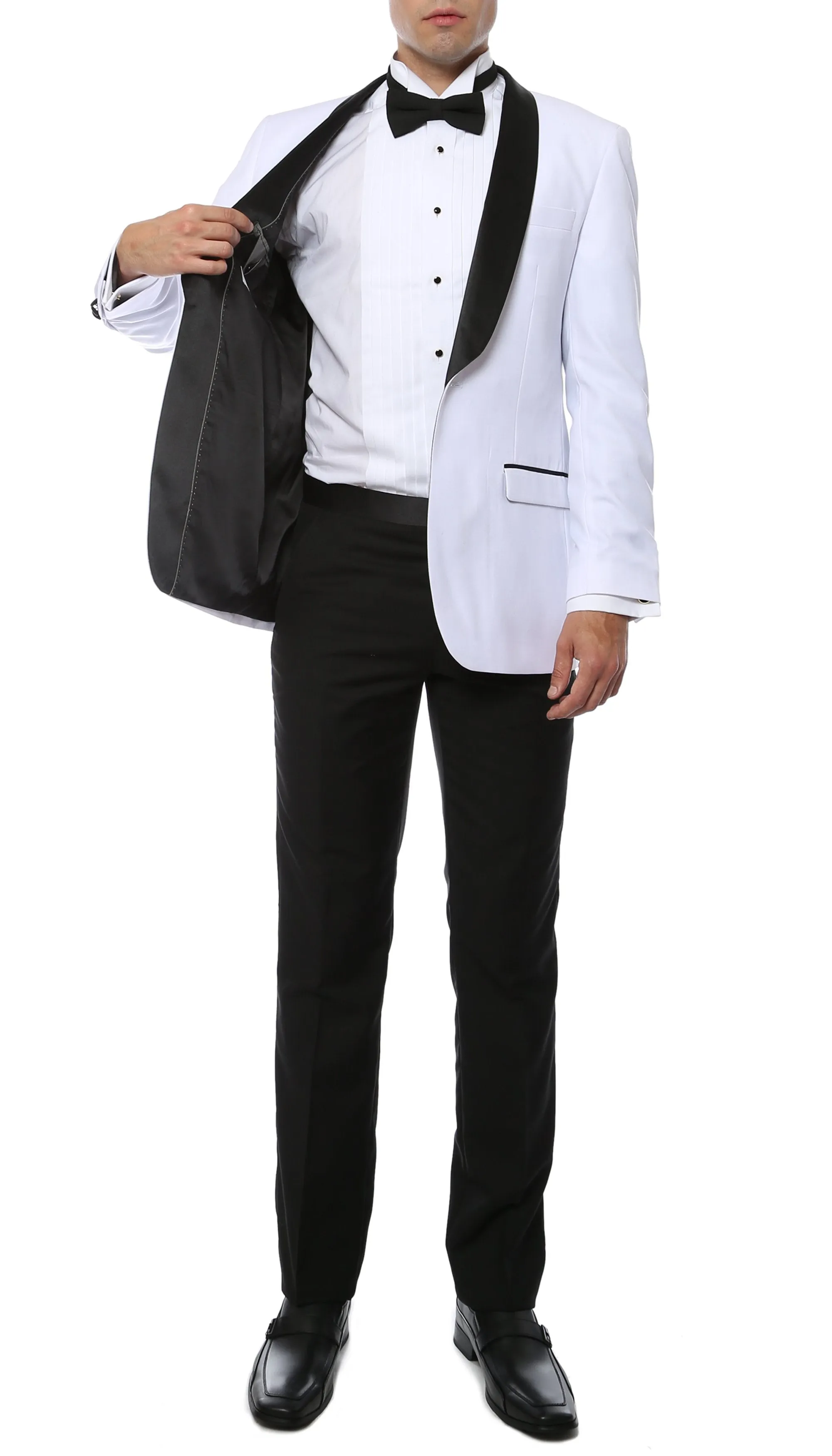 Ferrecci Slim White & Black Satin Shawl Collar Tuxedo Jacket With Black Pants