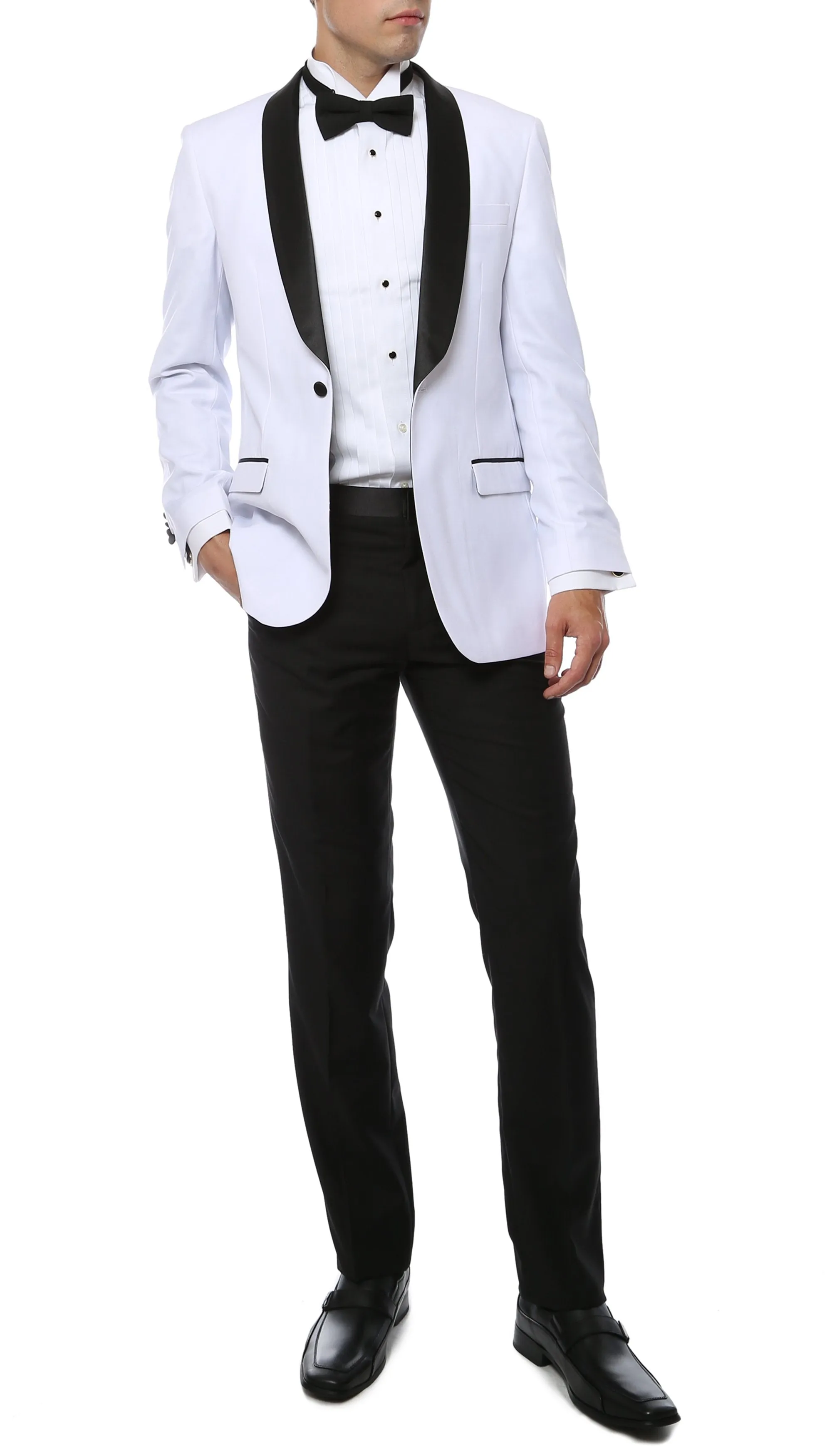 Ferrecci Slim White & Black Satin Shawl Collar Tuxedo Jacket With Black Pants