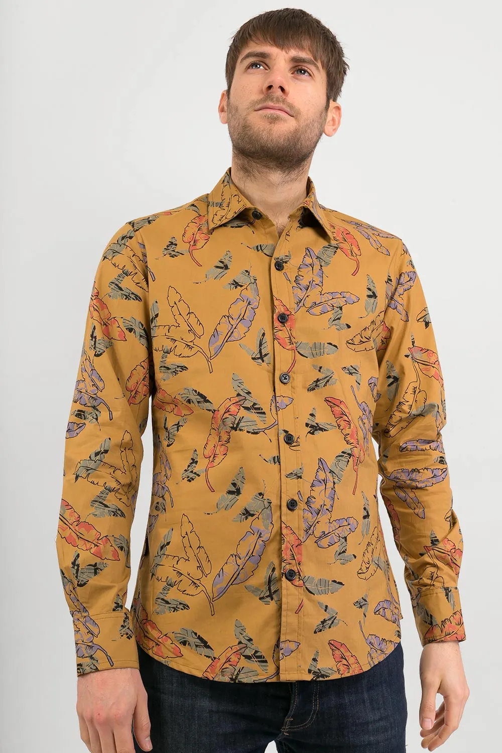 Floral Print Cotton Slim-Fit Long-Sleeve Mens Shirt