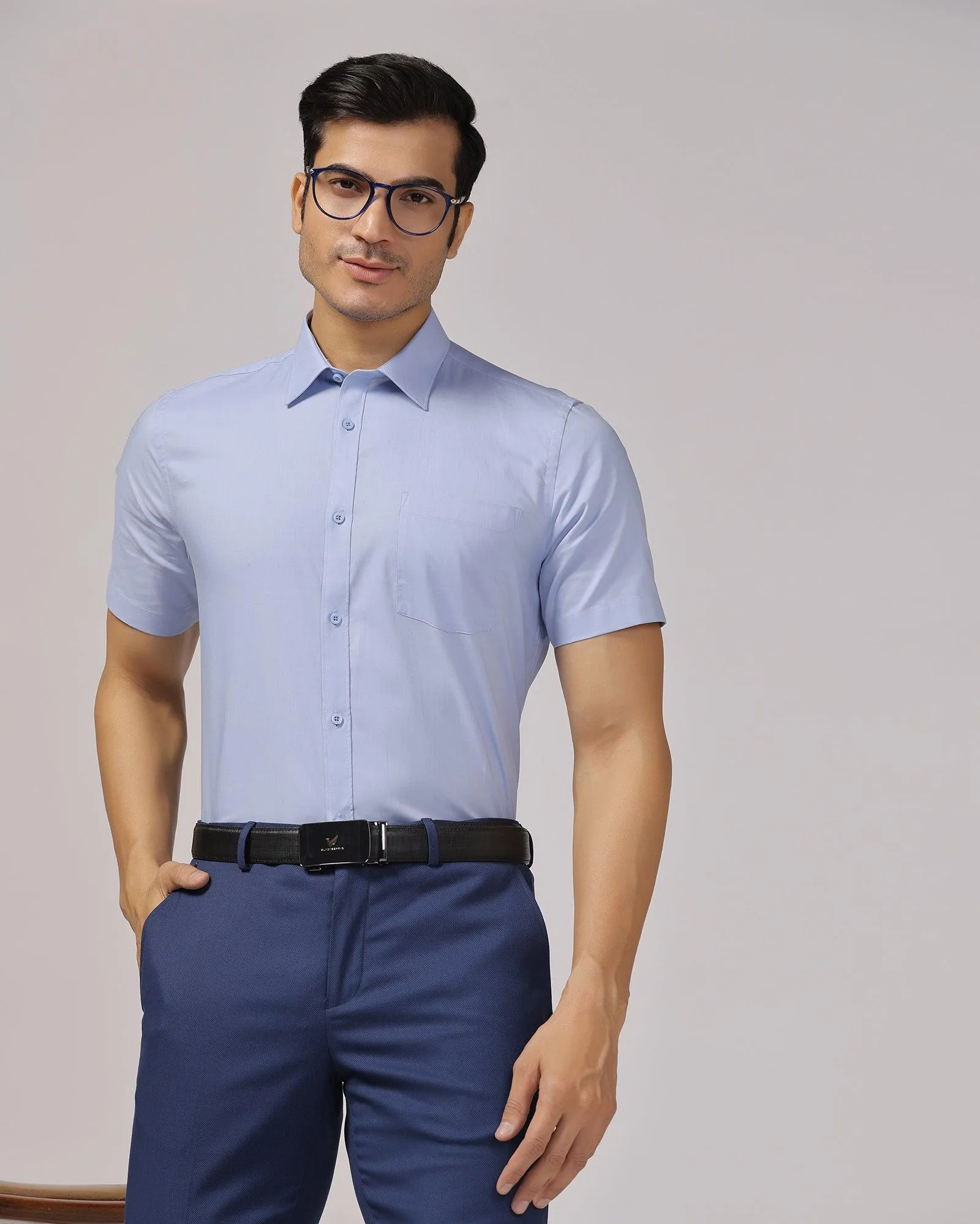 Formal Half Sleeve Blue Solid Shirt - Retro