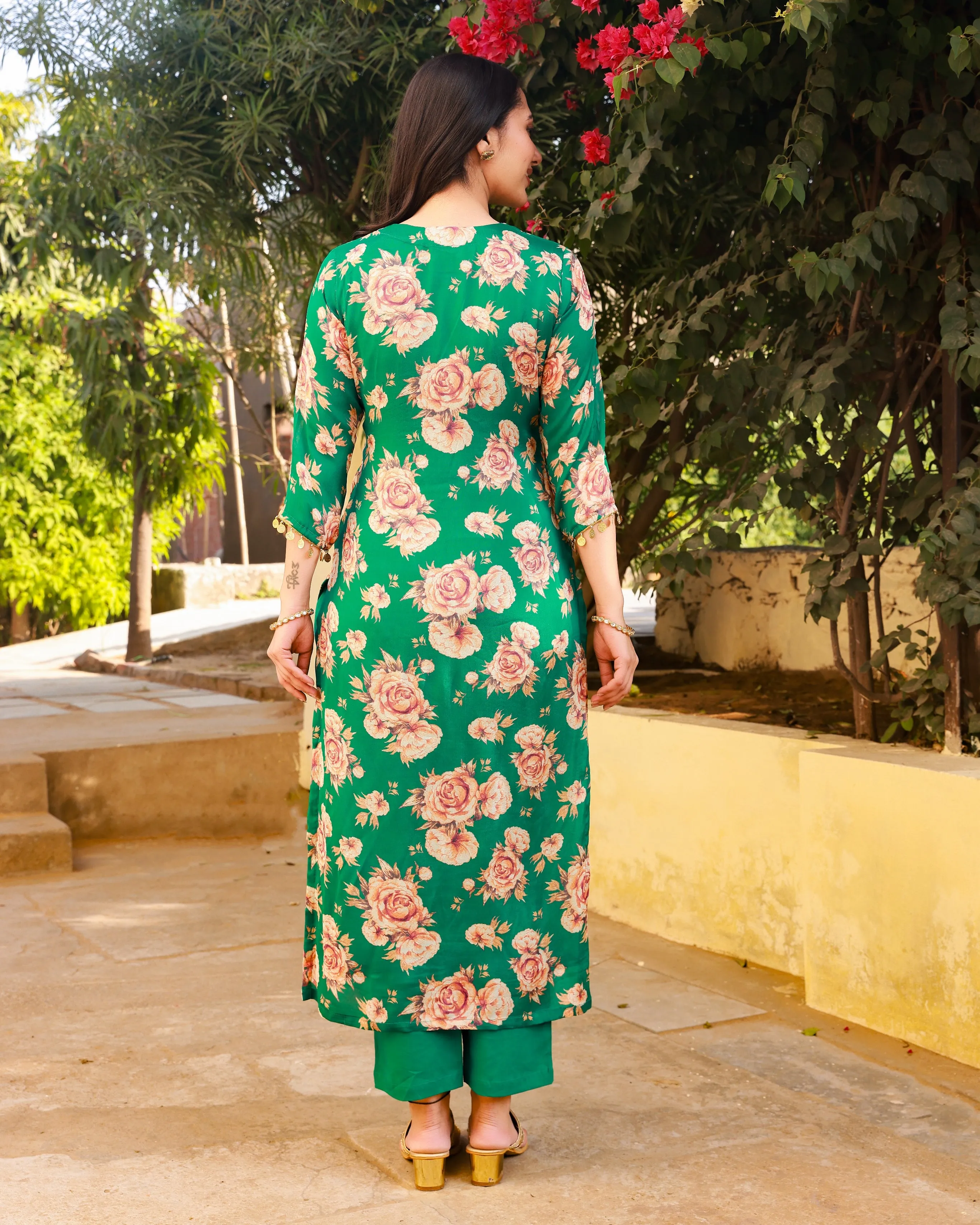 Gehna Green Floral Straight Suit Set