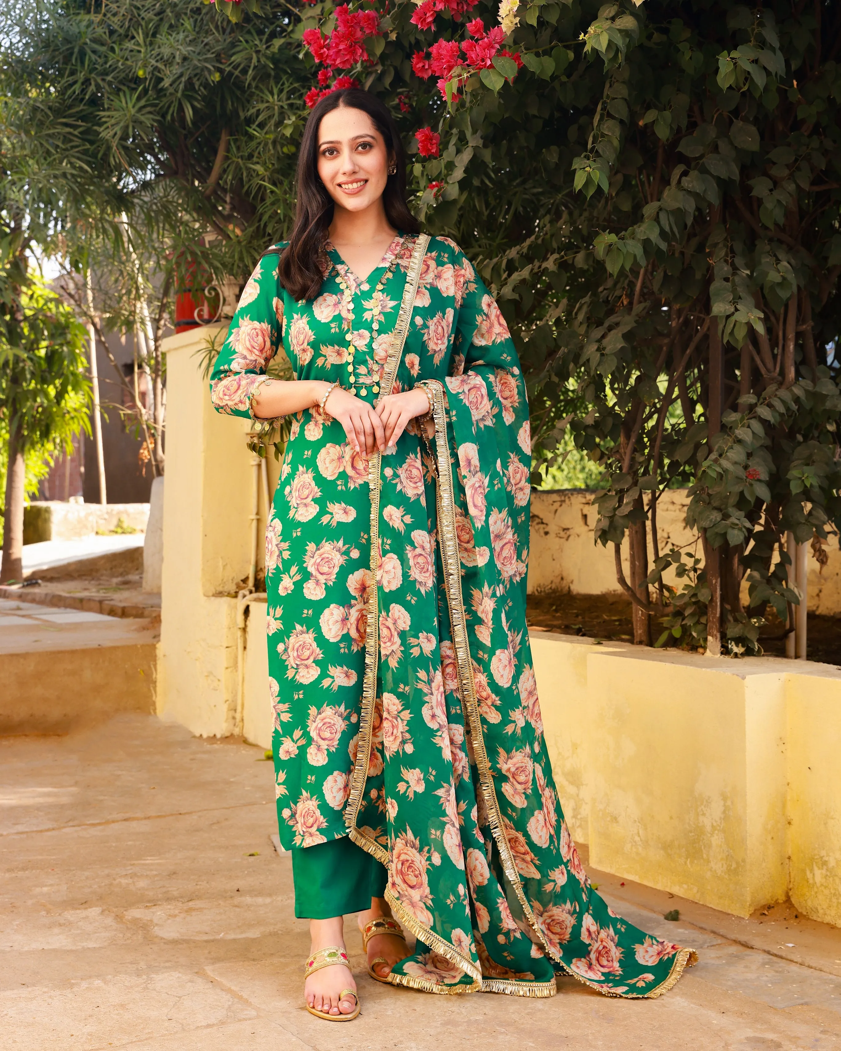 Gehna Green Floral Straight Suit Set