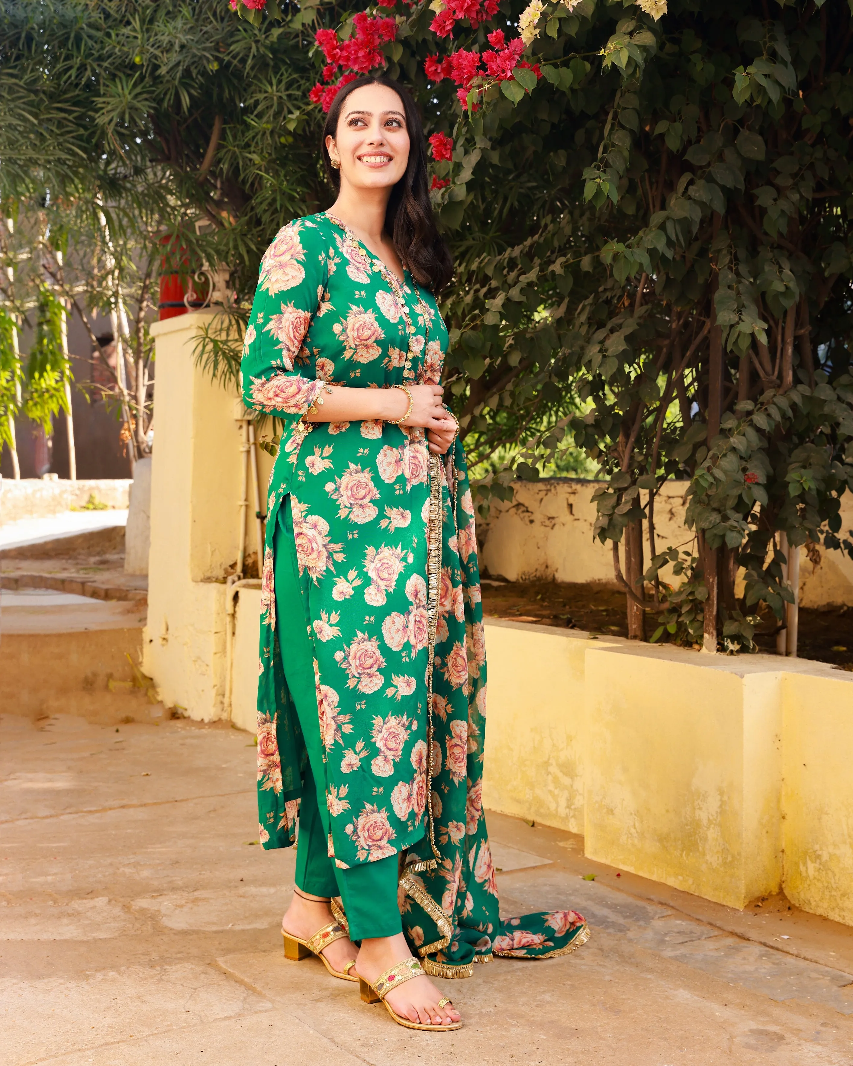 Gehna Green Floral Straight Suit Set