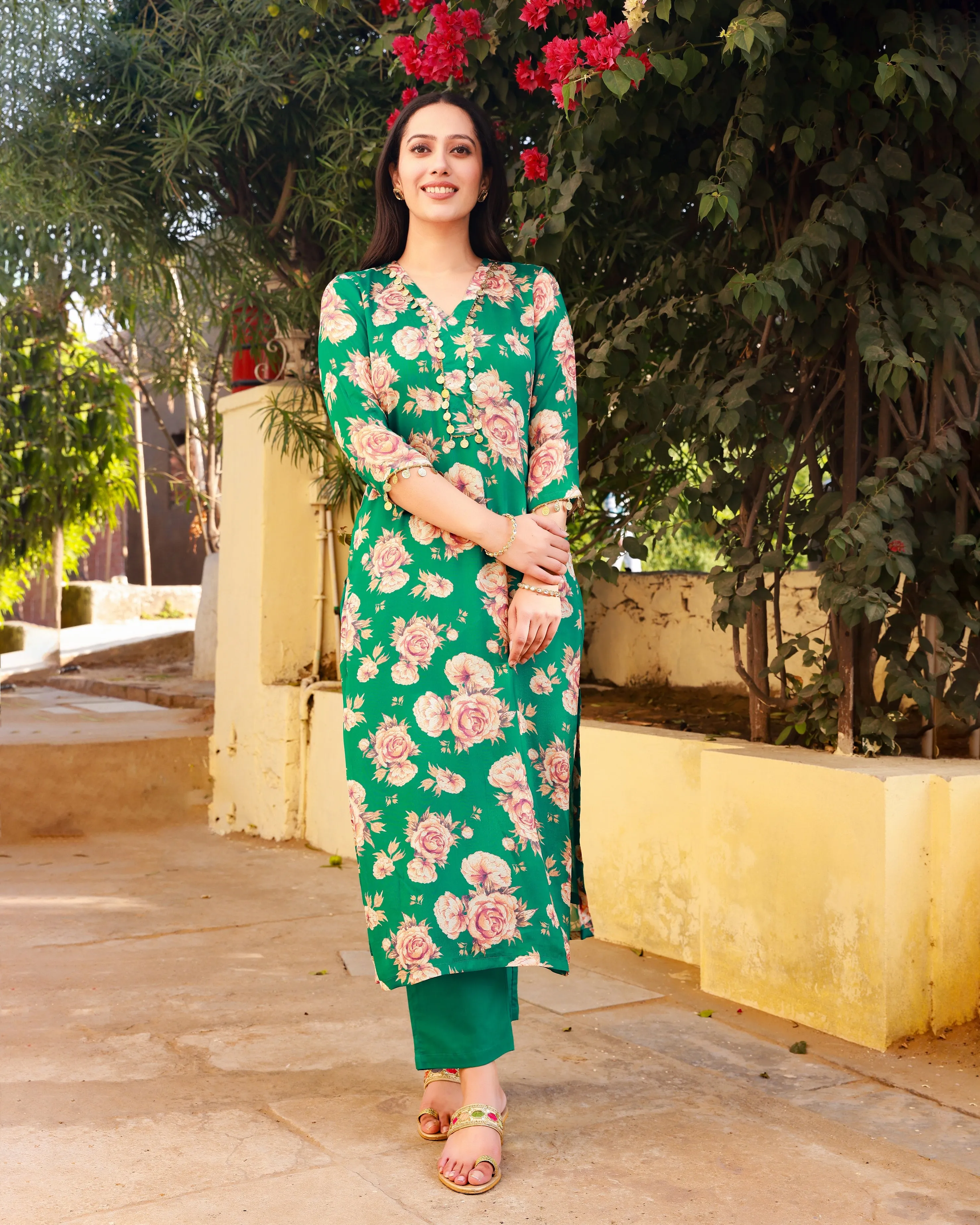 Gehna Green Floral Straight Suit Set