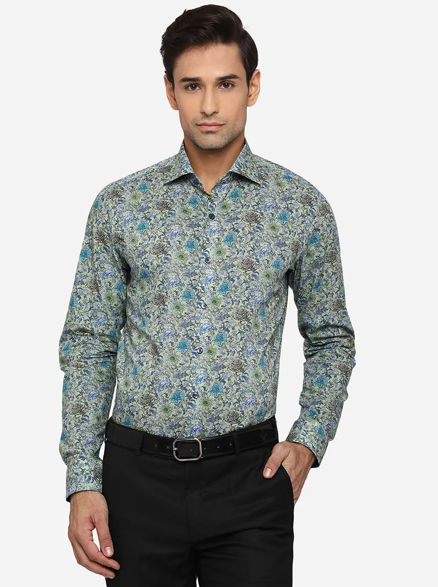 Green & Blue Printed Slim Fit Party Wear Shirt | JB Studio