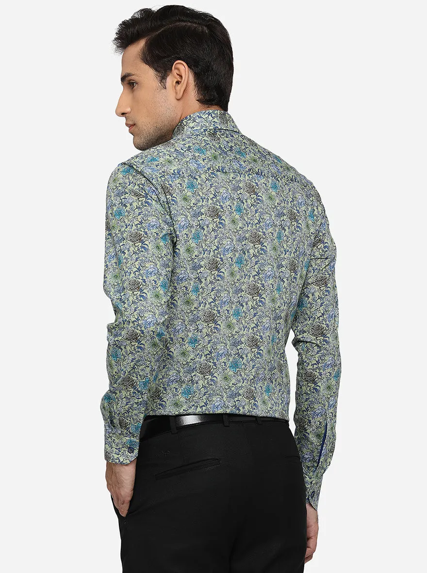 Green & Blue Printed Slim Fit Party Wear Shirt | JB Studio