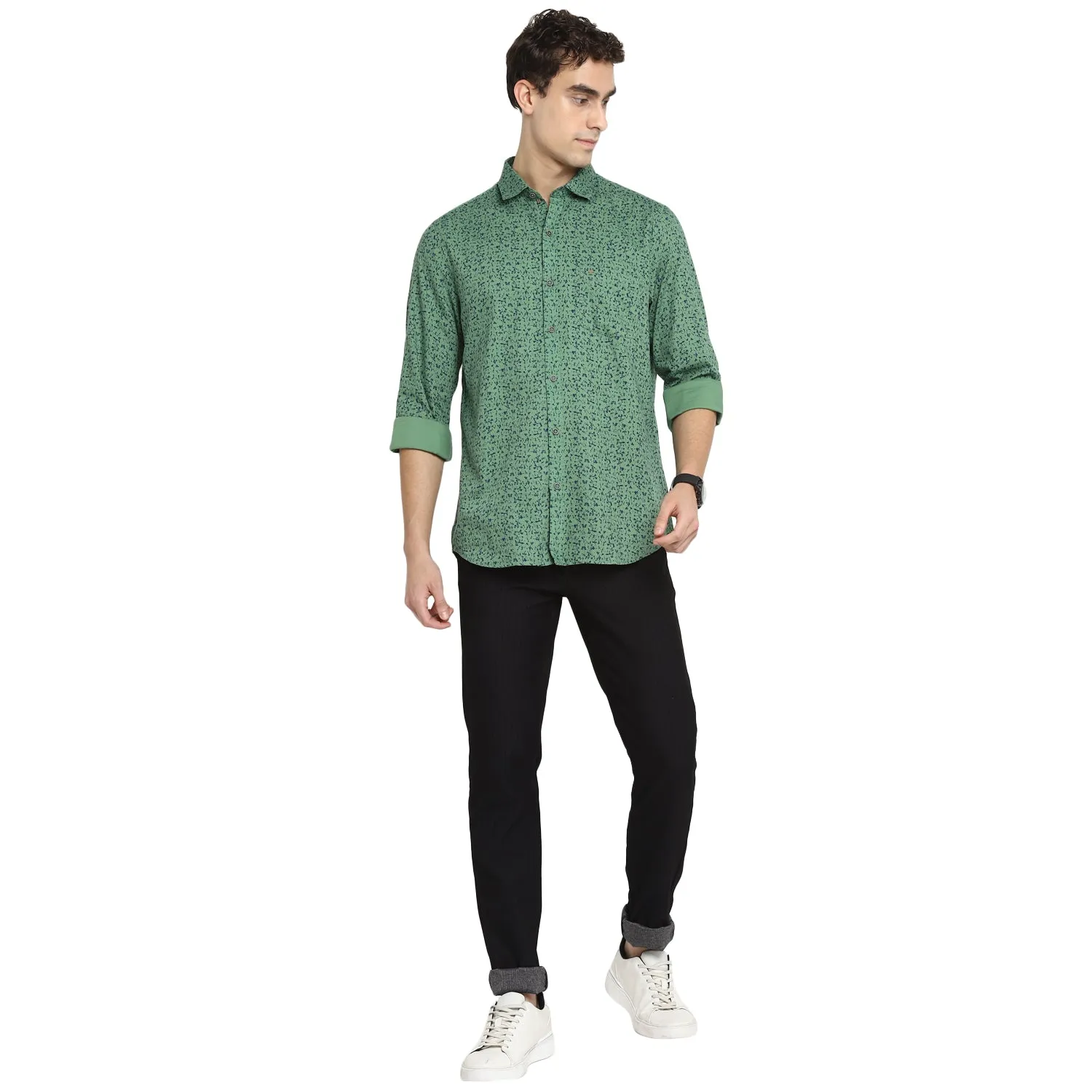 Green Cotton Printed Slim Fit Shirt