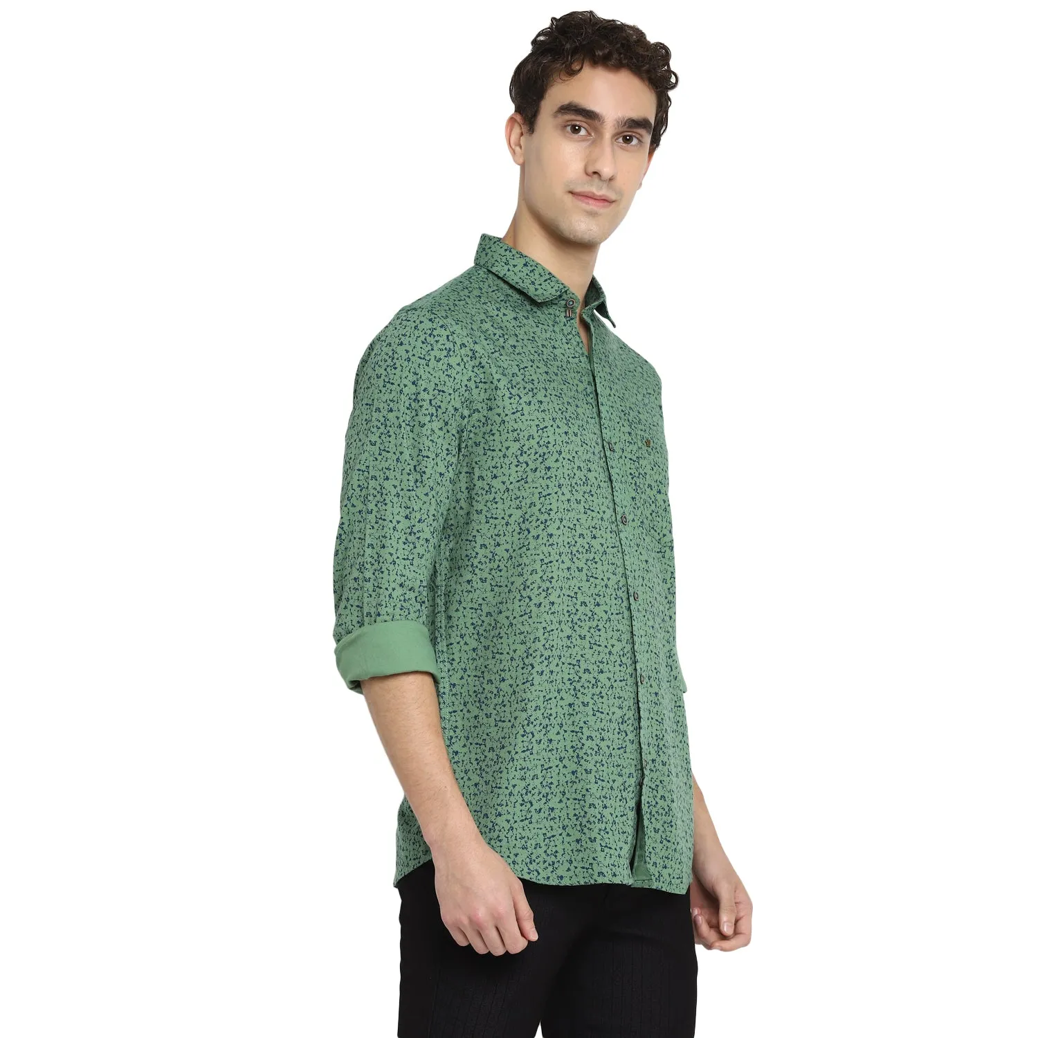 Green Cotton Printed Slim Fit Shirt