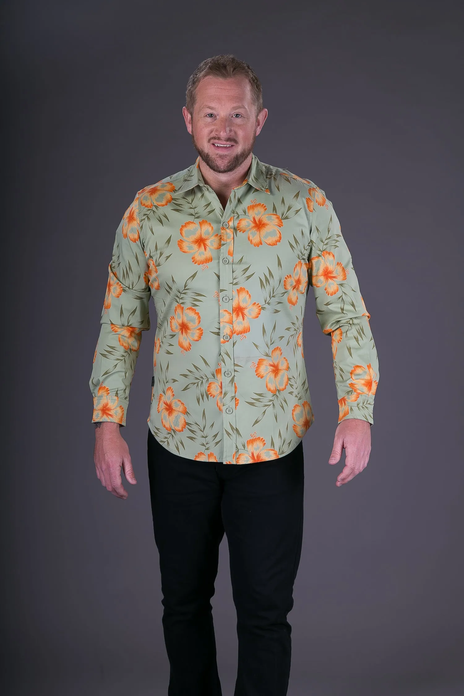 Green Orange Floral Aloha Print Cotton Slim and Regular Fit Mens Shirt Long Sleeve