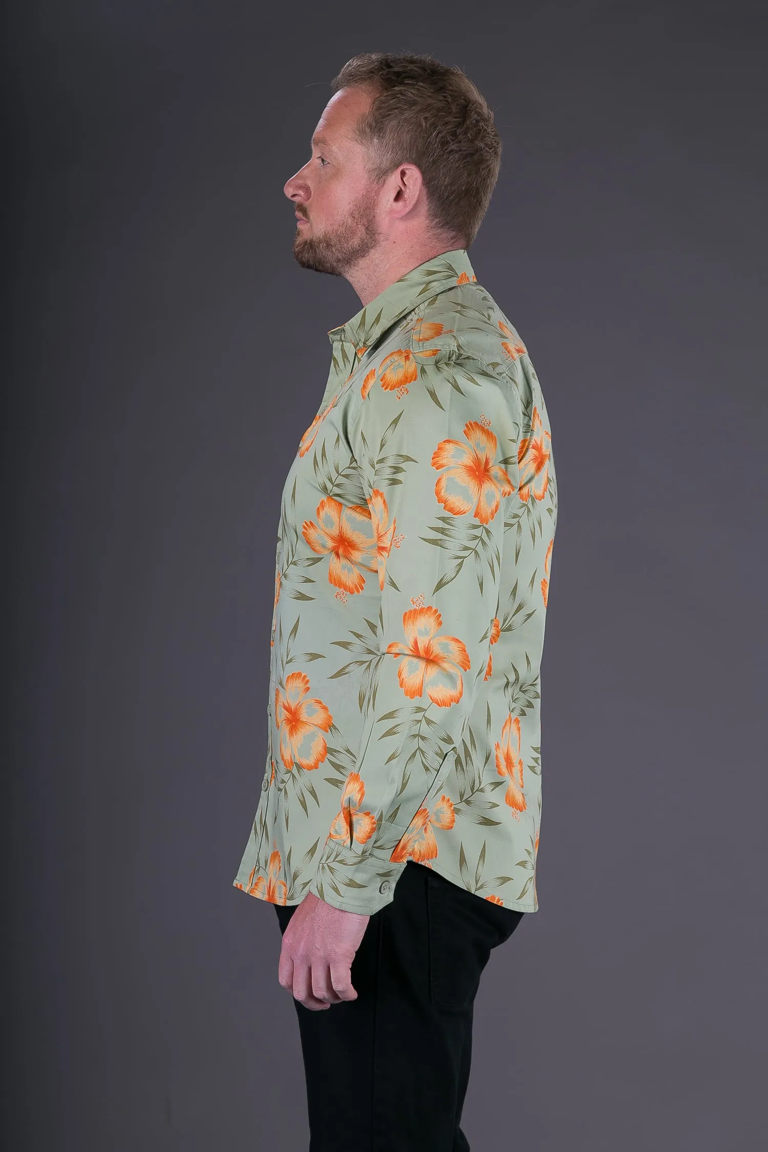 Green Orange Floral Aloha Print Cotton Slim and Regular Fit Mens Shirt Long Sleeve