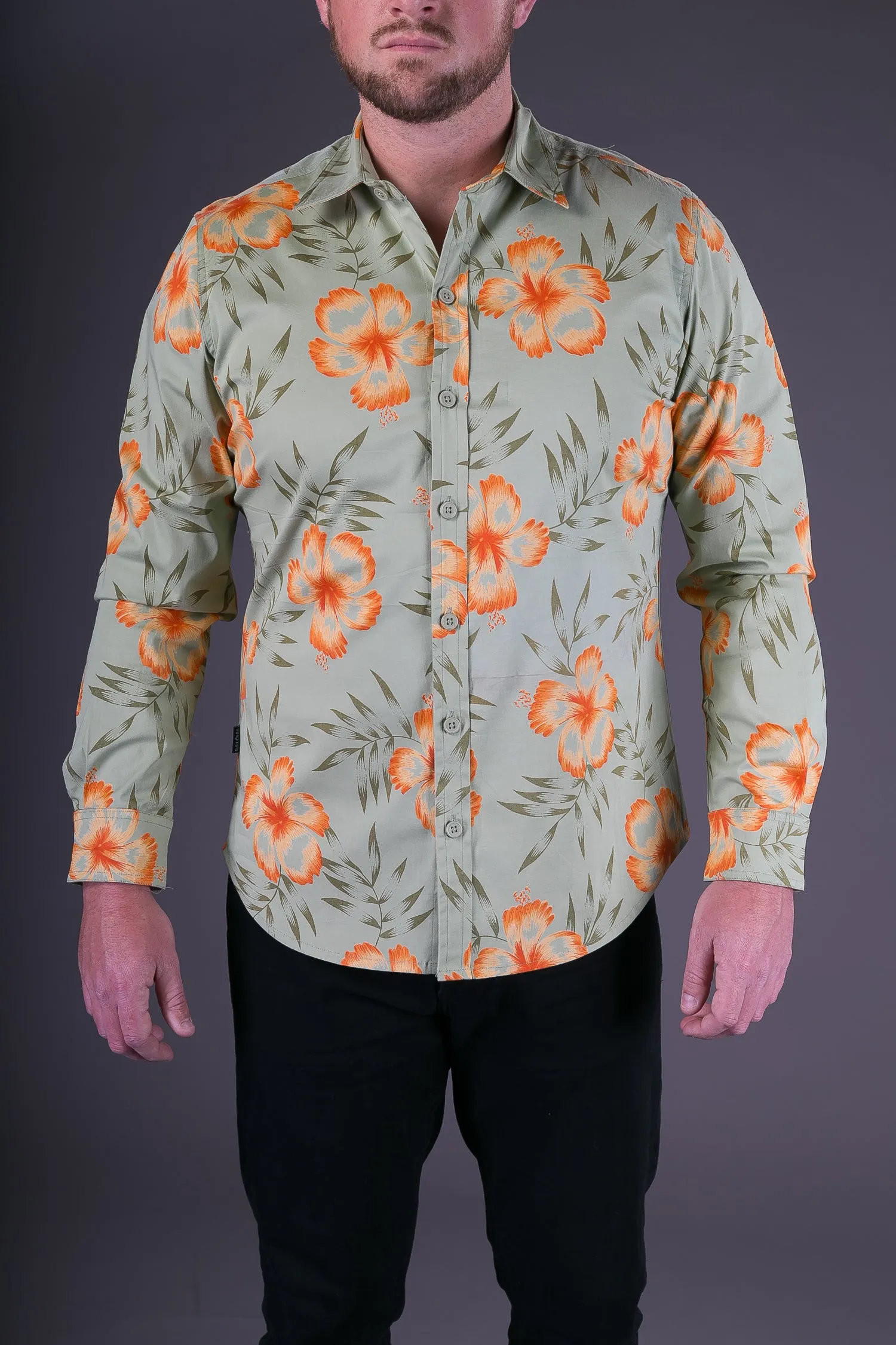 Green Orange Floral Aloha Print Cotton Slim and Regular Fit Mens Shirt Long Sleeve