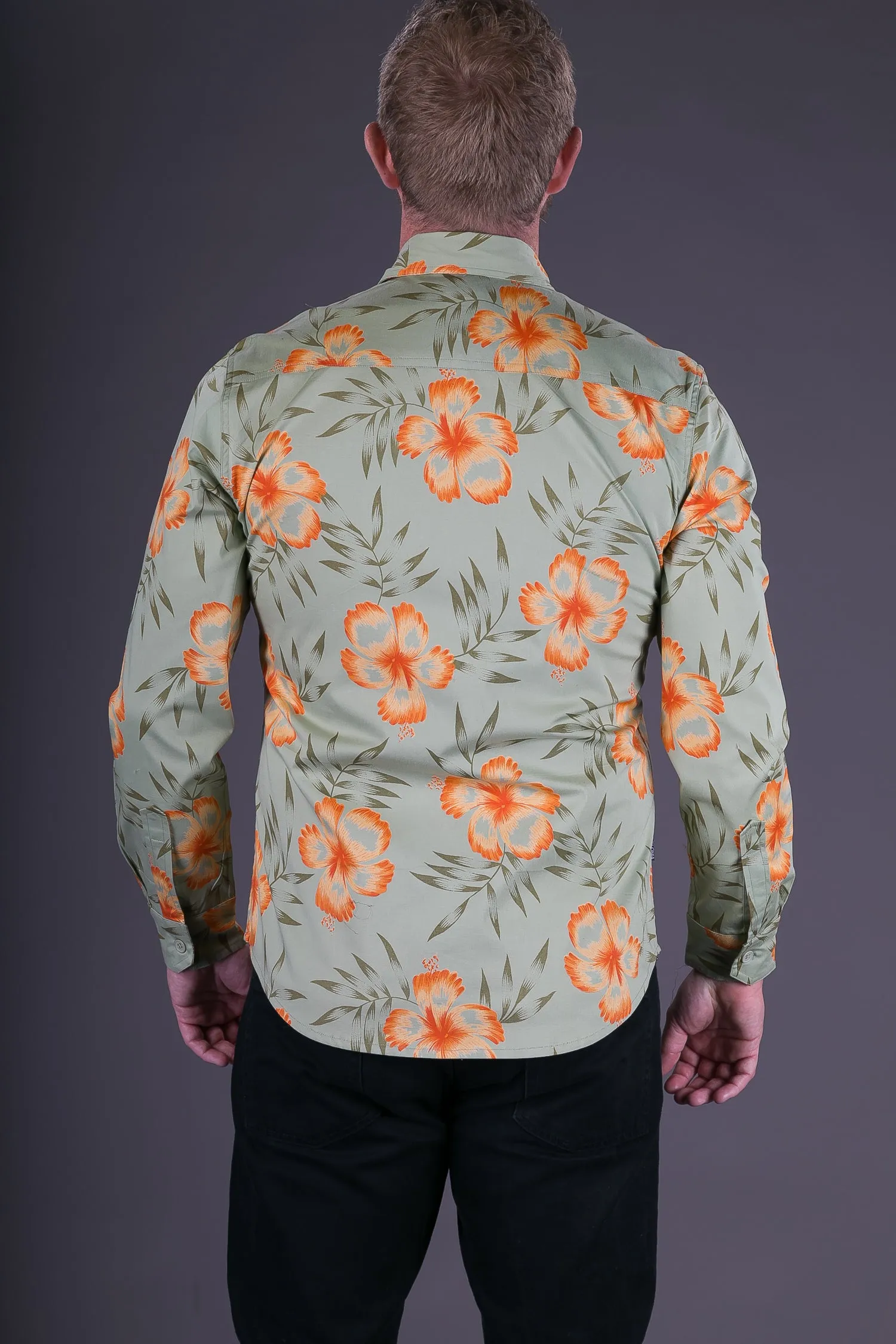 Green Orange Floral Aloha Print Cotton Slim and Regular Fit Mens Shirt Long Sleeve