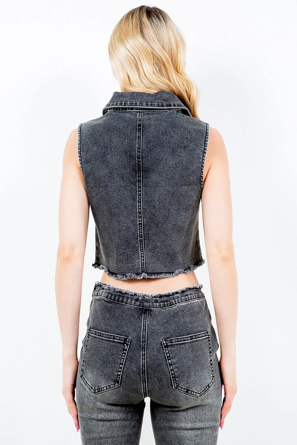 Hot Girl American Bazi Zip Up Washed Crop Denim Vest In Black