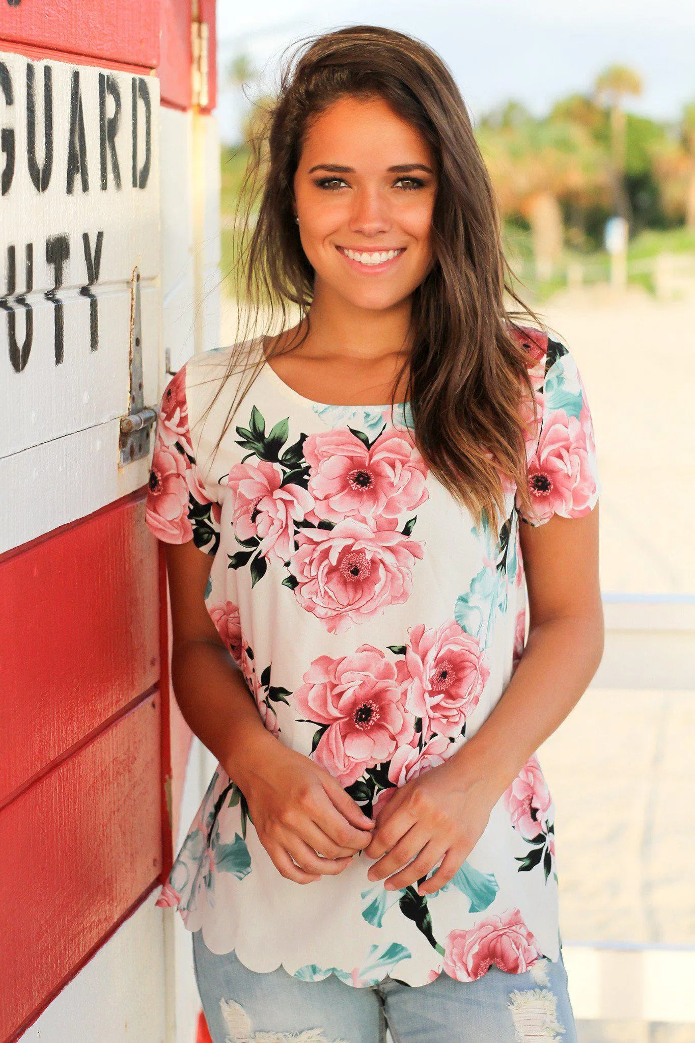 Ivory and Pink Floral Scalloped Top