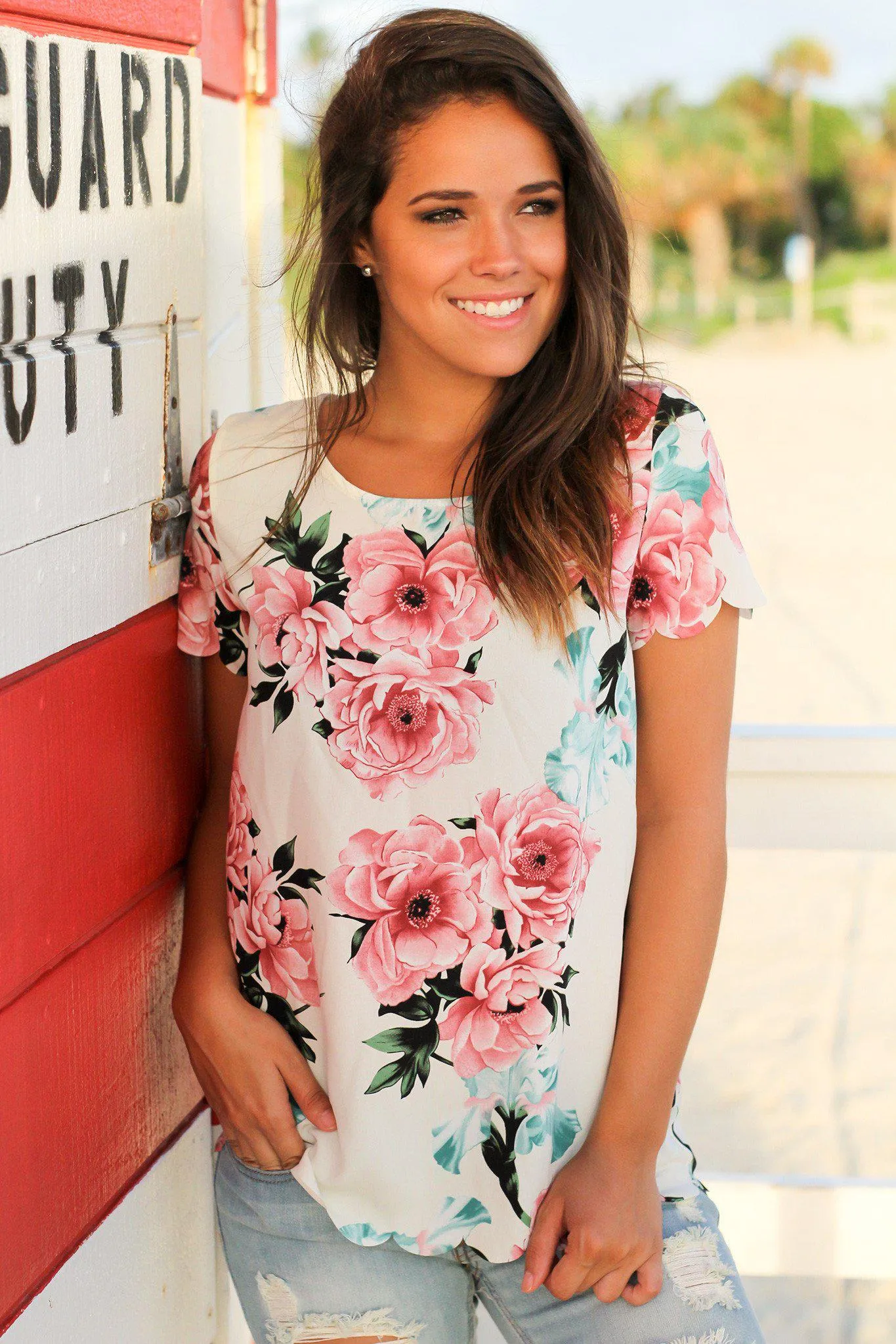 Ivory and Pink Floral Scalloped Top