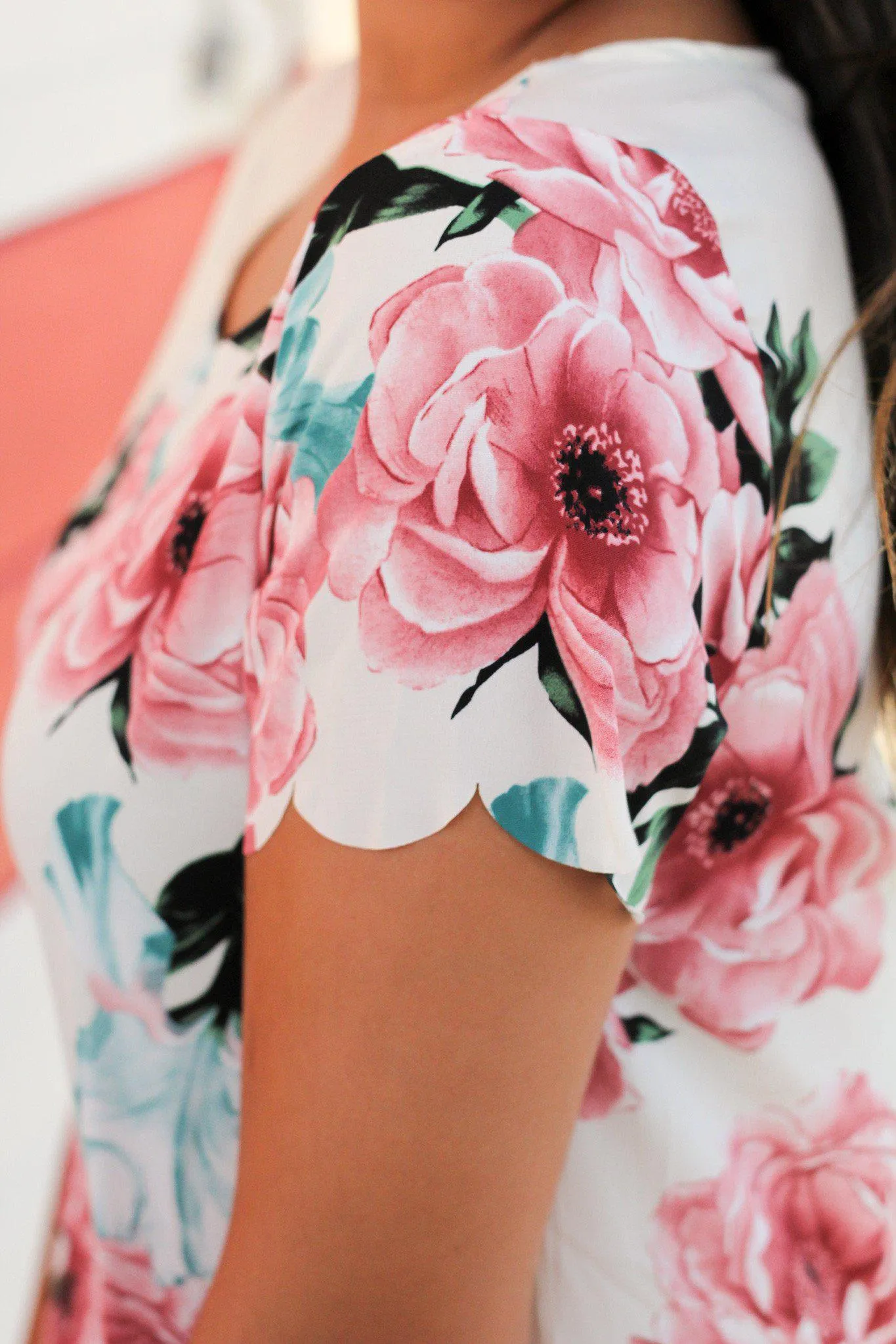 Ivory and Pink Floral Scalloped Top