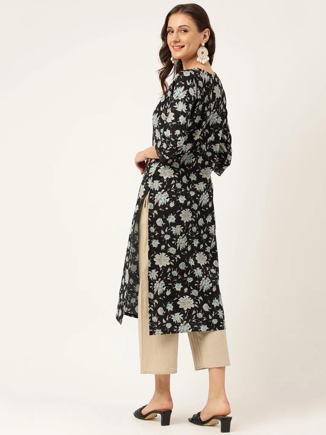 Jashvi Black Floral Print Straight Fit Cotton kurta