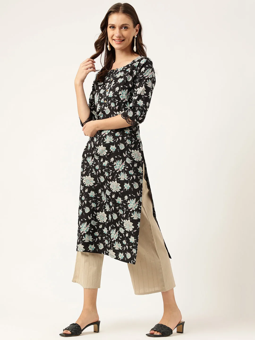 Jashvi Black Floral Print Straight Fit Cotton kurta