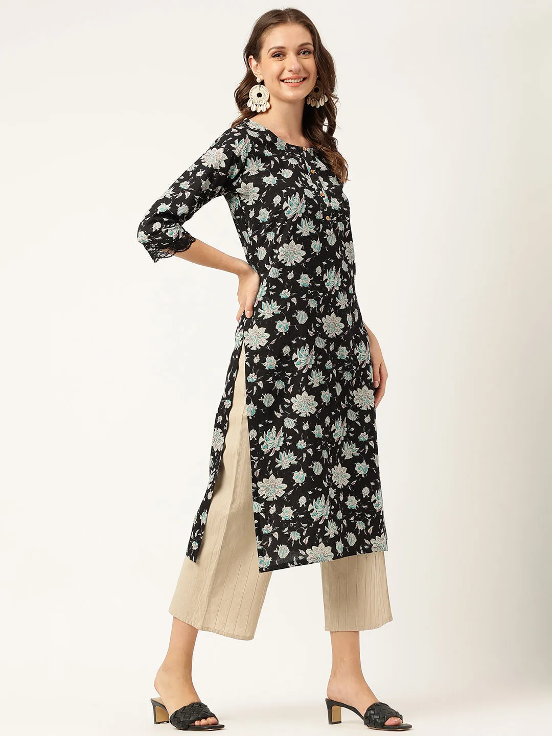 Jashvi Black Floral Print Straight Fit Cotton kurta