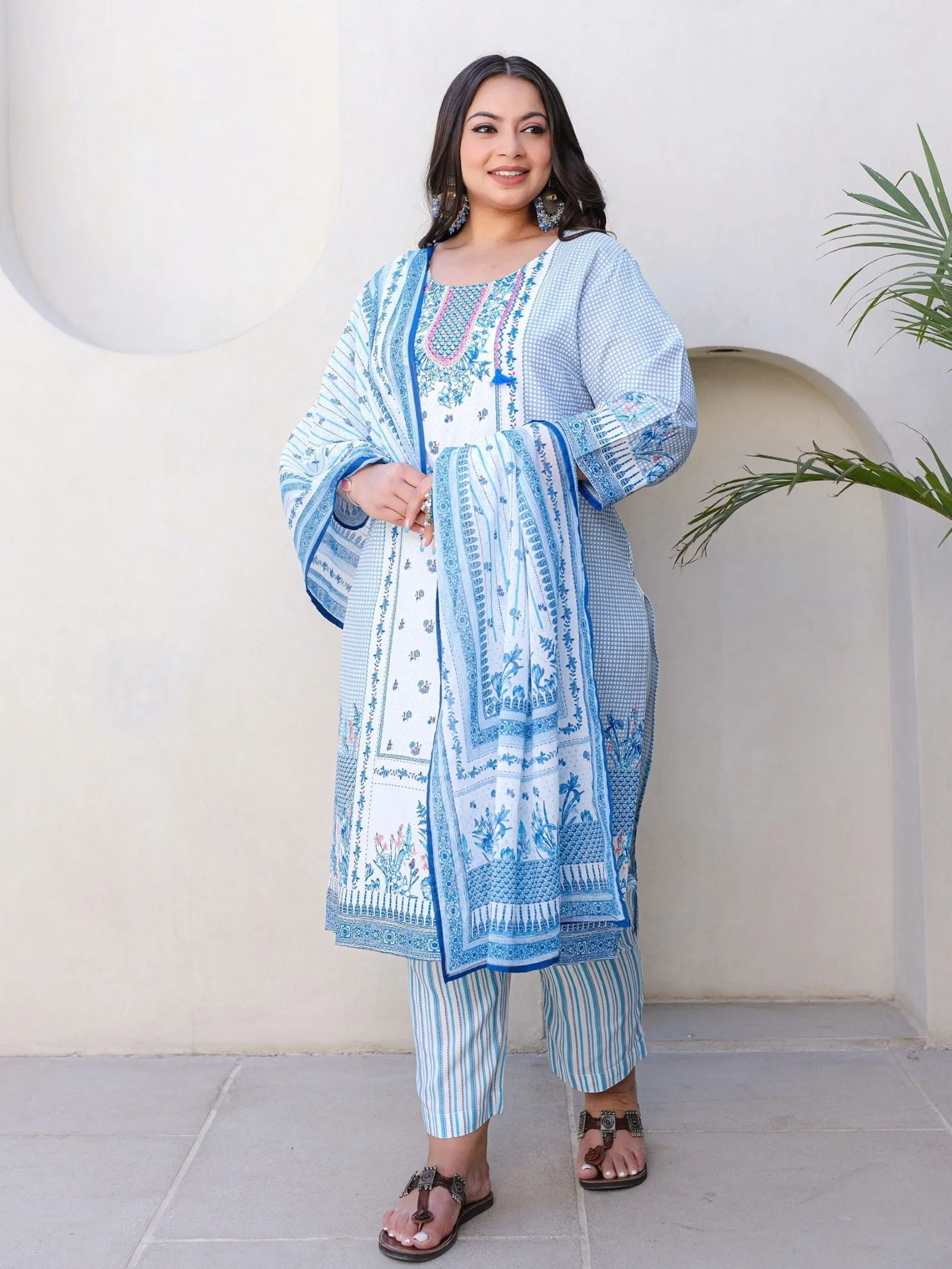 Jashvi Blue Floral Printed & Stripped Rayon Plus Size Kurta Pants & Dupatta Set With Beads & Sequins (3-Pcs)