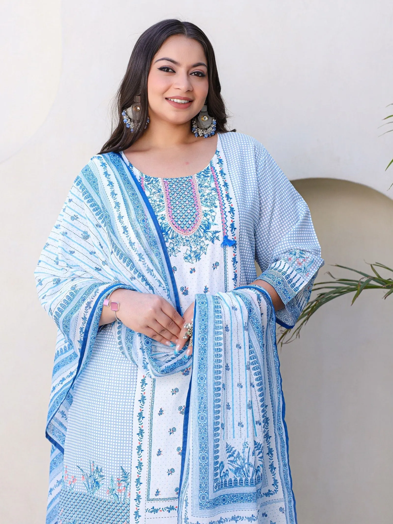 Jashvi Blue Floral Printed & Stripped Rayon Plus Size Kurta Pants & Dupatta Set With Beads & Sequins (3-Pcs)