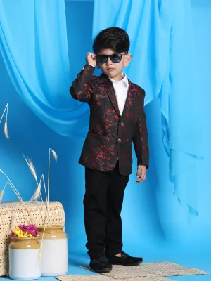 Jashvi Boy's Black And Red Woven Design Blazer