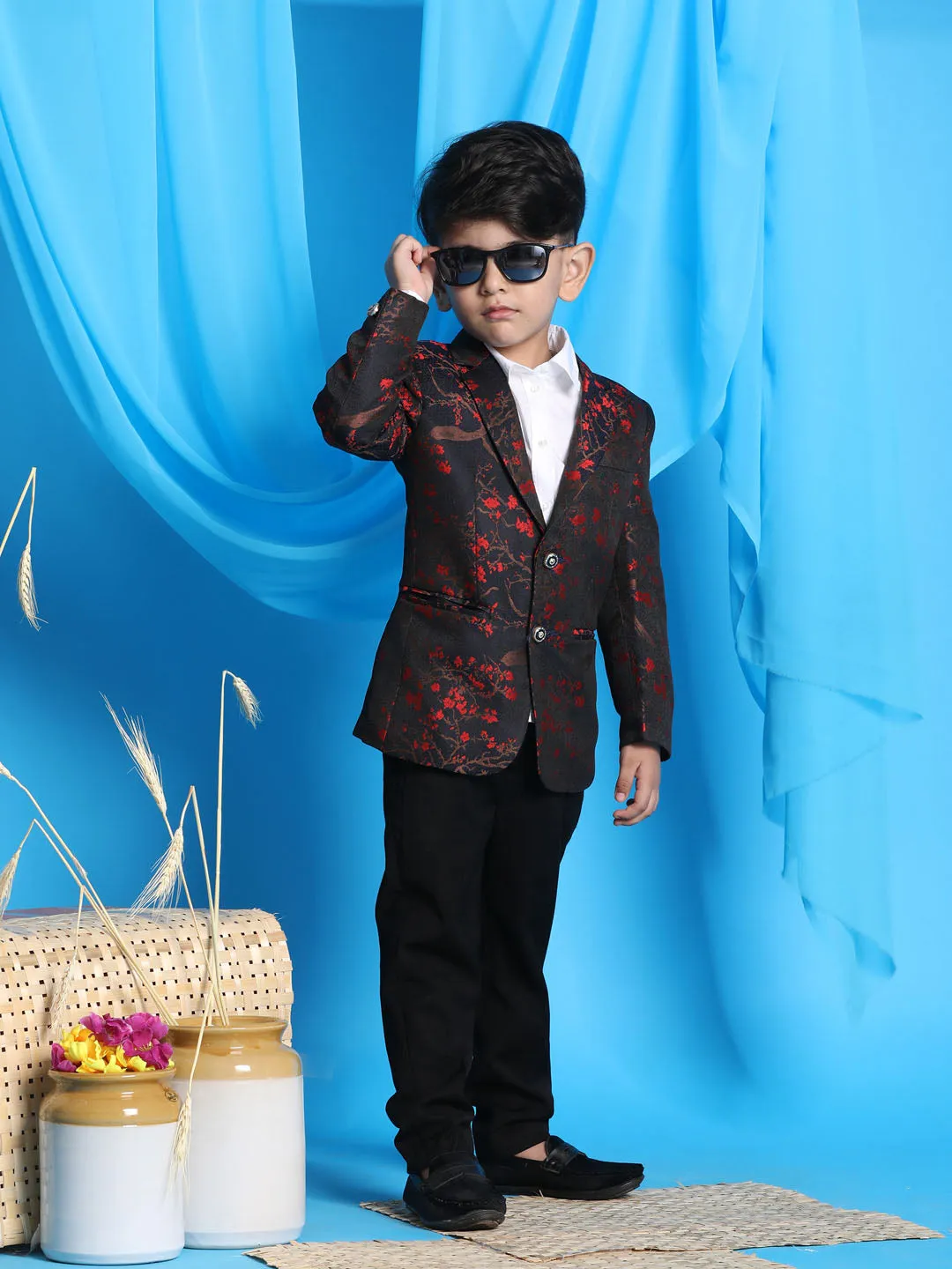 Jashvi Boy's Black And Red Woven Design Blazer