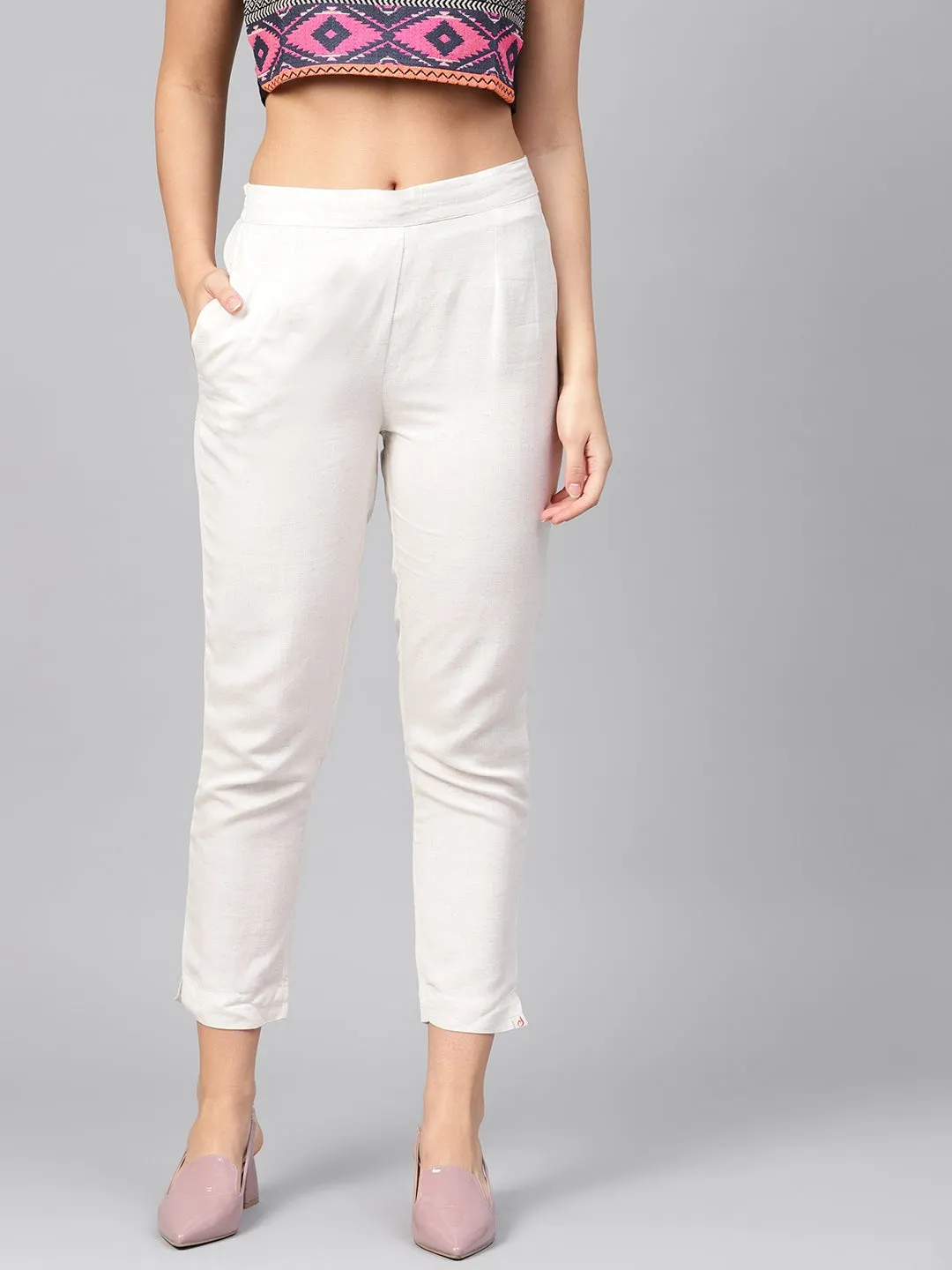 Jashvi Ivory Solid Rayon Flex Slim Fit Women Pants With Two Pockets