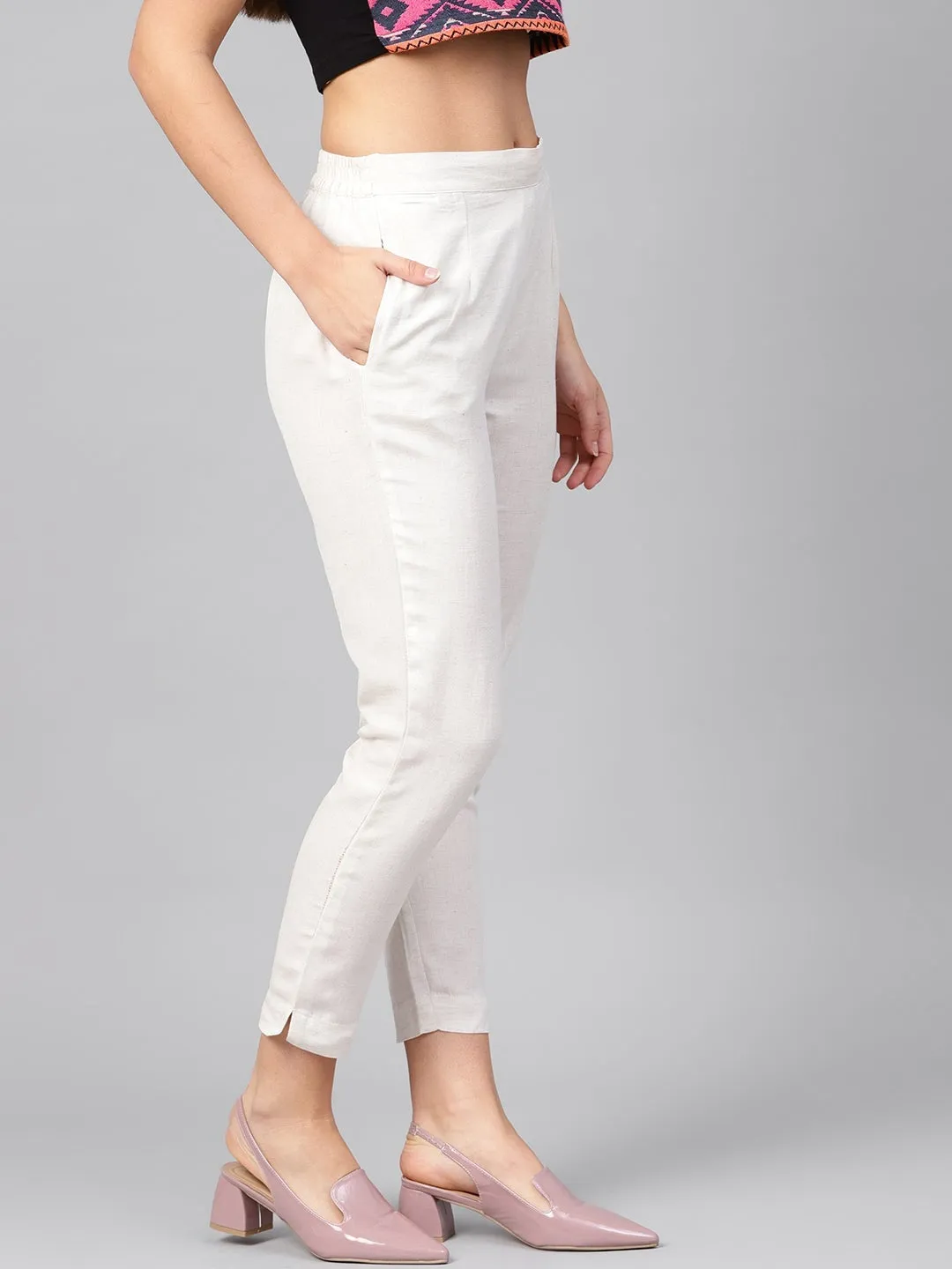 Jashvi Ivory Solid Rayon Flex Slim Fit Women Pants With Two Pockets