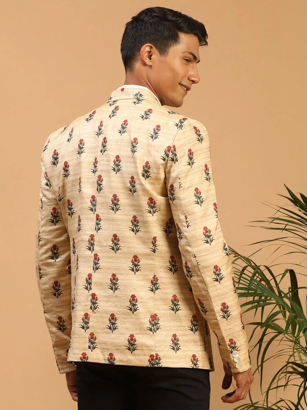 Jashvi Men's Beige Silk Blend Printed Blazer