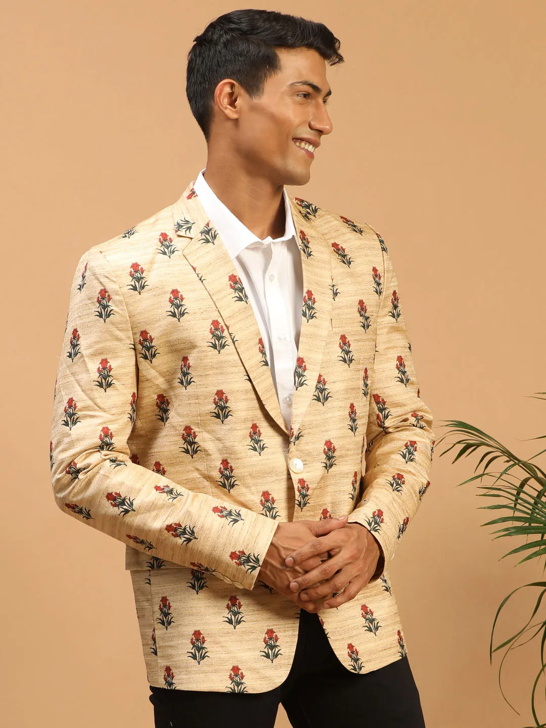 Jashvi Men's Beige Silk Blend Printed Blazer