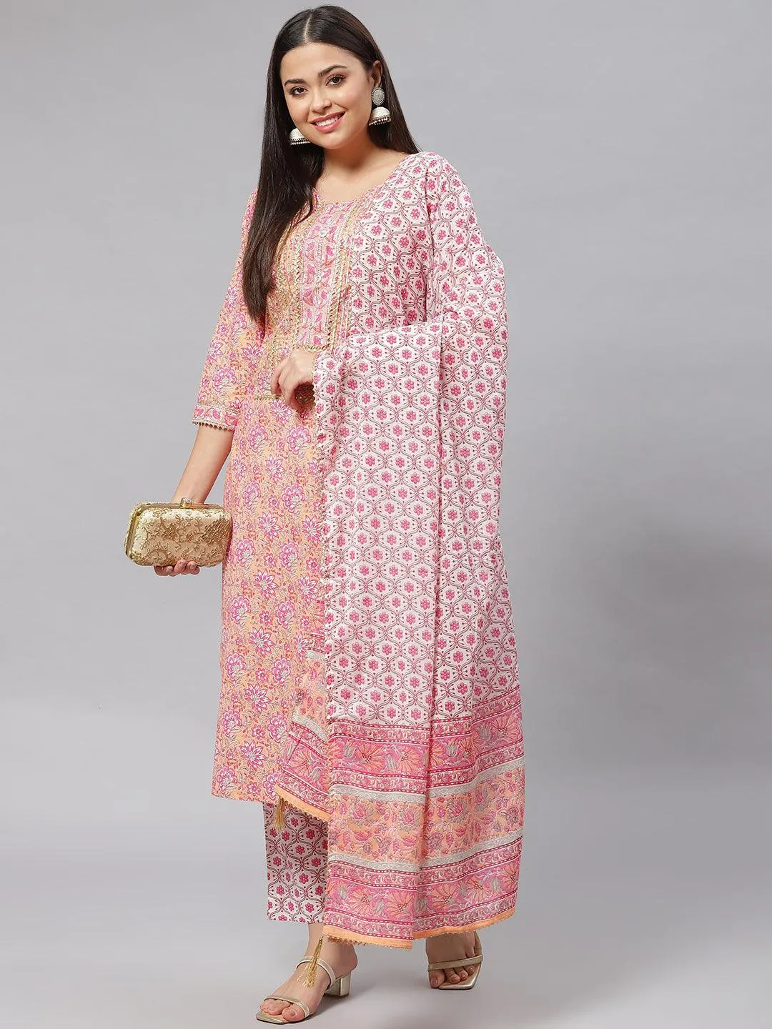 Jashvi Pink Cotton kurta Pant set with Dupatta