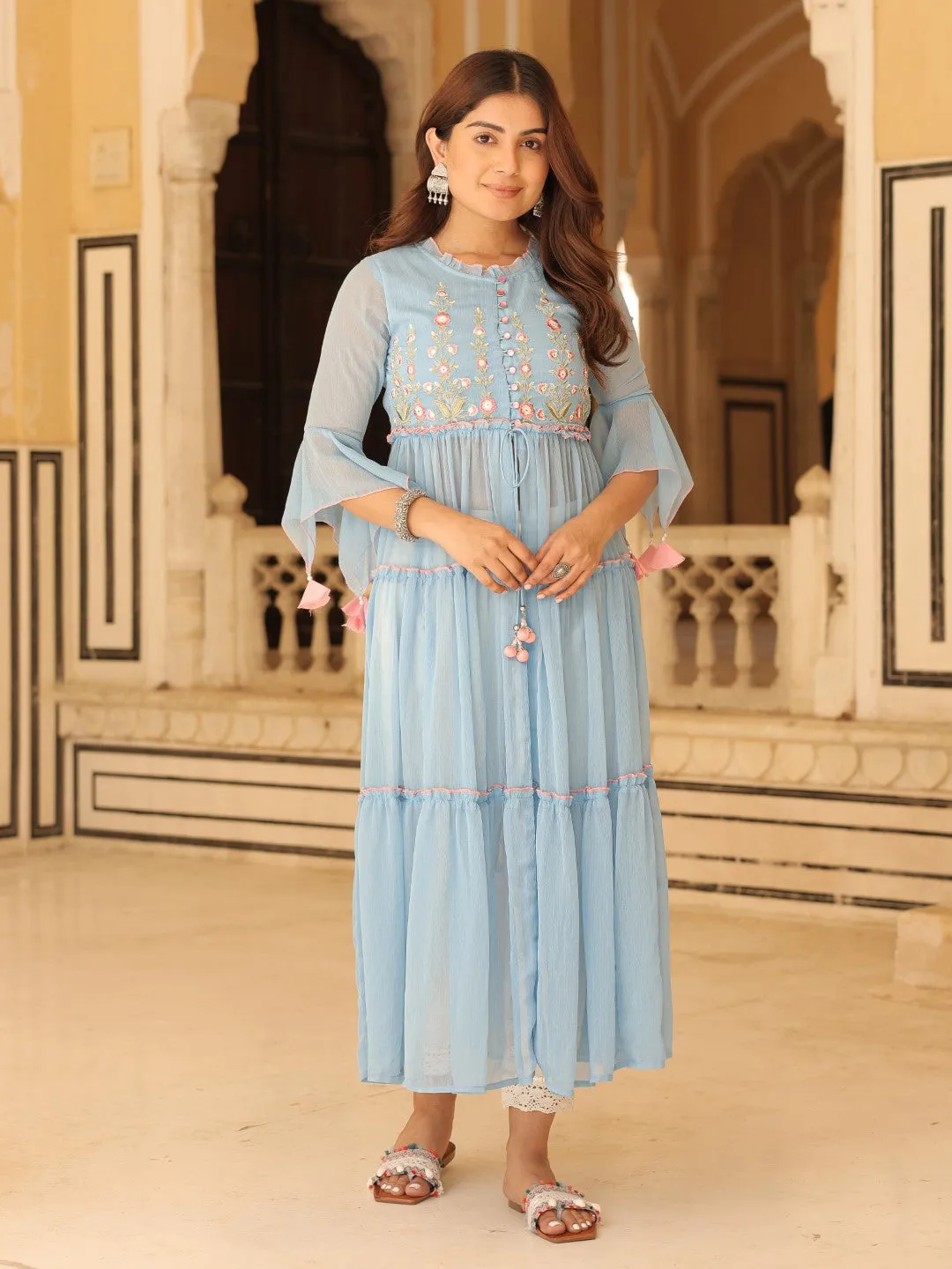 Jashvi Powder Blue Chiffon Floral Embroidered Tiered Kurta With Pants (2-Pcs)