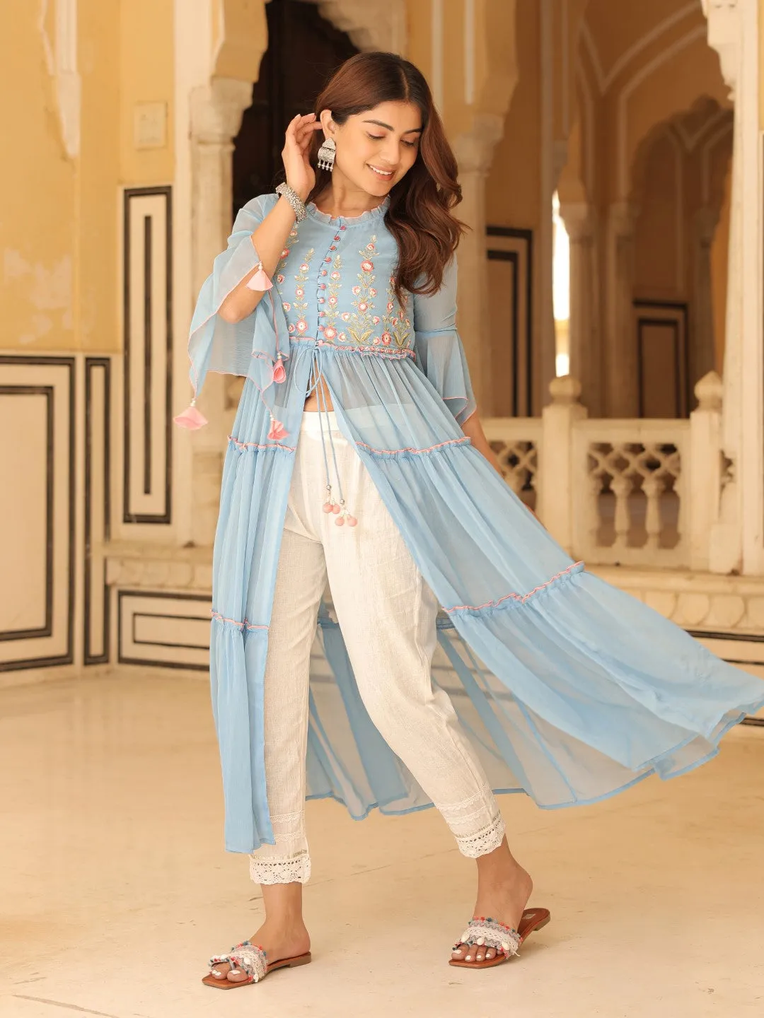 Jashvi Powder Blue Chiffon Floral Embroidered Tiered Kurta With Pants (2-Pcs)