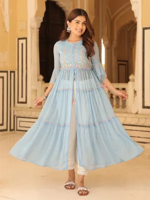 Jashvi Powder Blue Chiffon Floral Embroidered Tiered Kurta With Pants (2-Pcs)