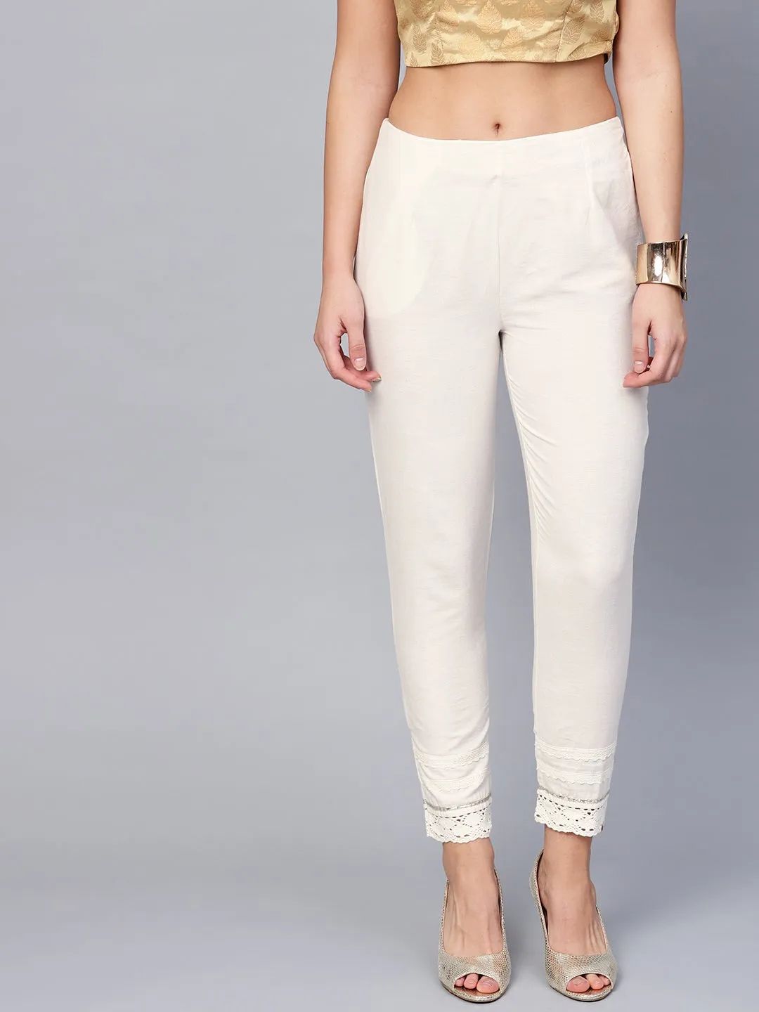 Jashvi White Solid Cotton Flex Slim Fit Women Pants With One Pocket