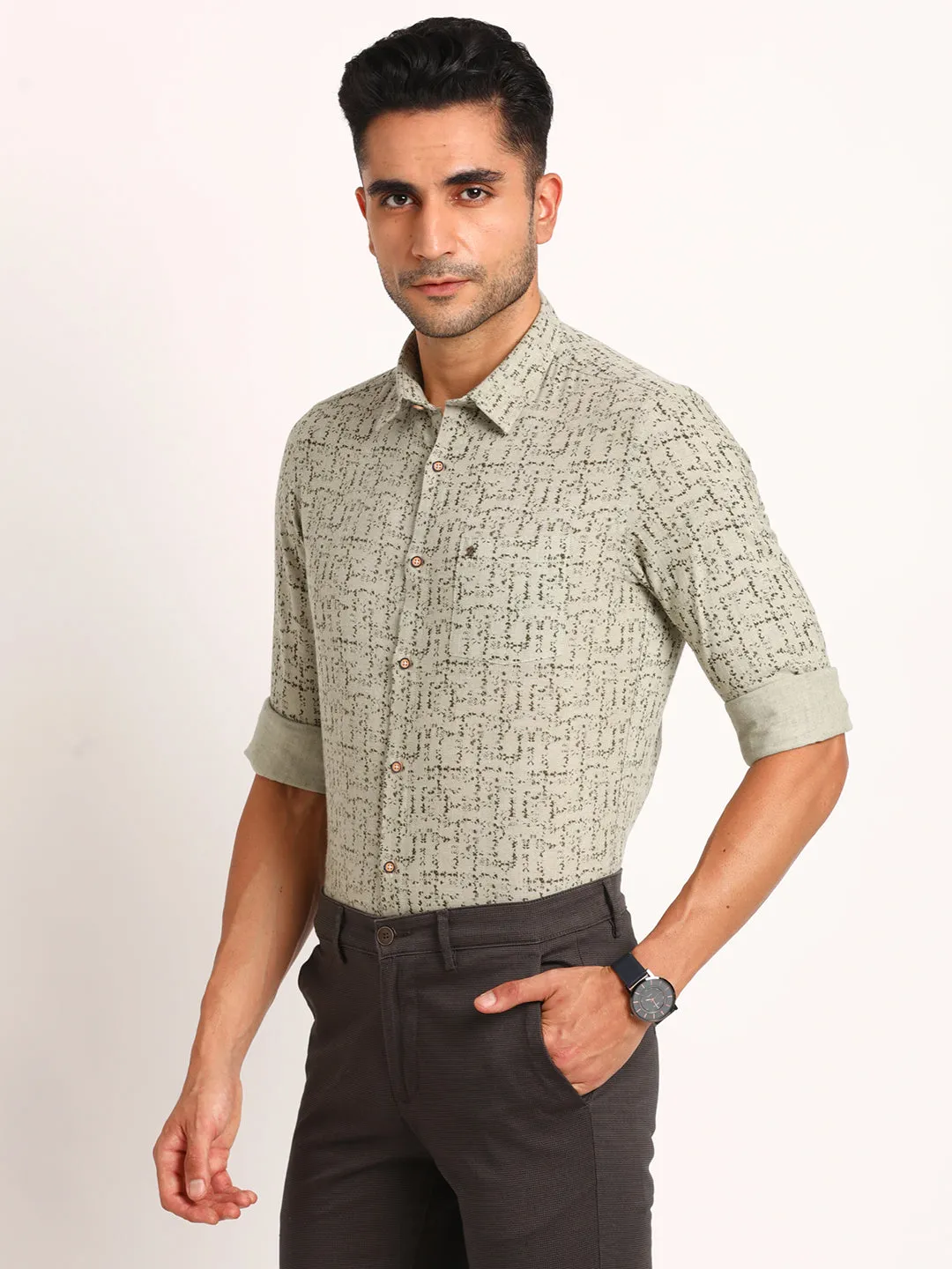 Khadi Grey Printed Slim Fit Full Sleeve Casual Shirt