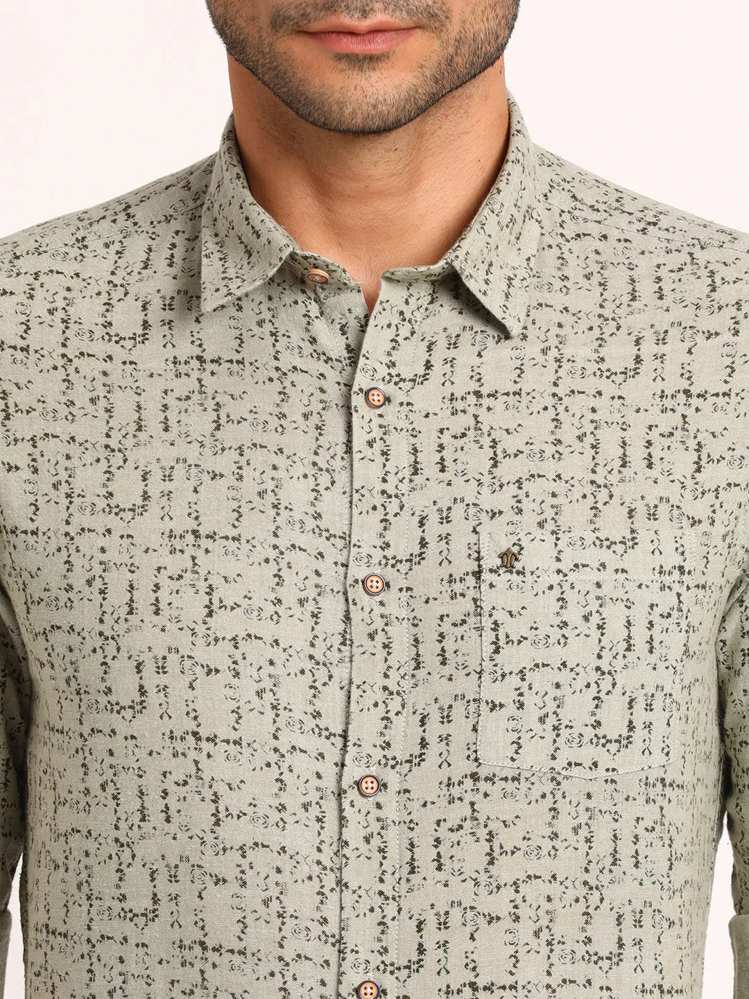 Khadi Grey Printed Slim Fit Full Sleeve Casual Shirt