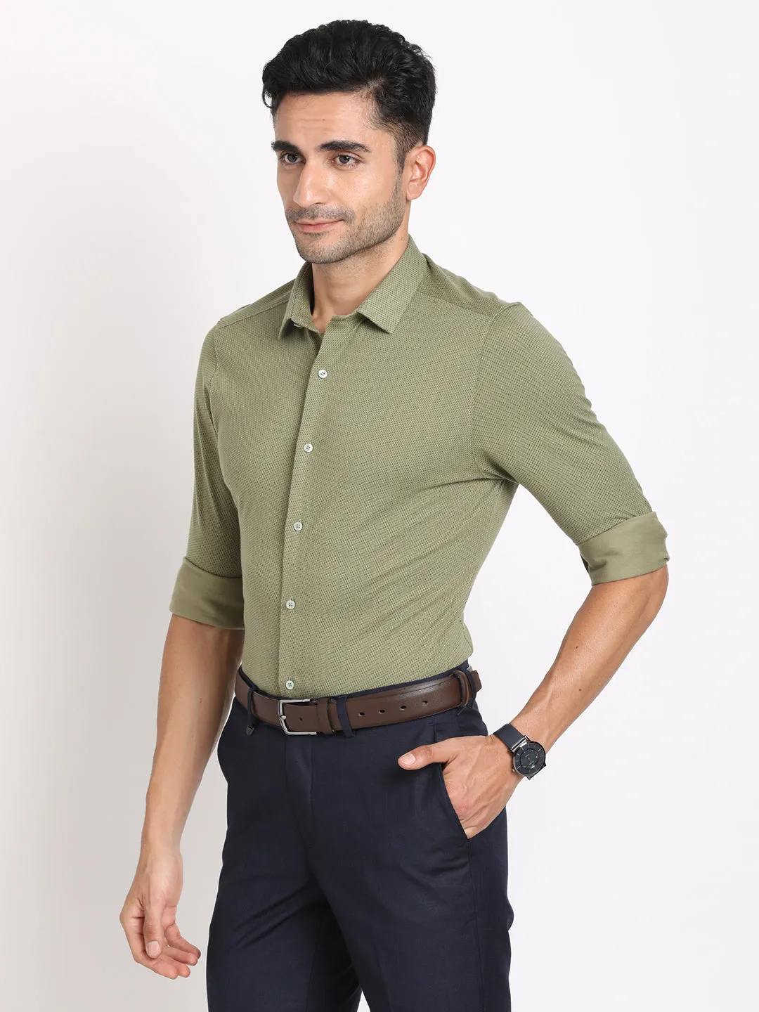 Knitted Green Printed Slim Fit Full Sleeve Formal Shirt